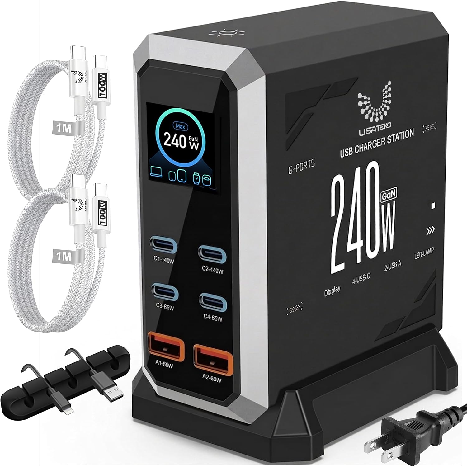 240W GaN USB Charging Station for Multiple Devices, 6-Port Fast USB Charger Block with 4 USB-C PD3.1 and 2 USB-A Ports | Up to 140W Laptop Charger | Includes Cable Organizer and 2x 100W Cables