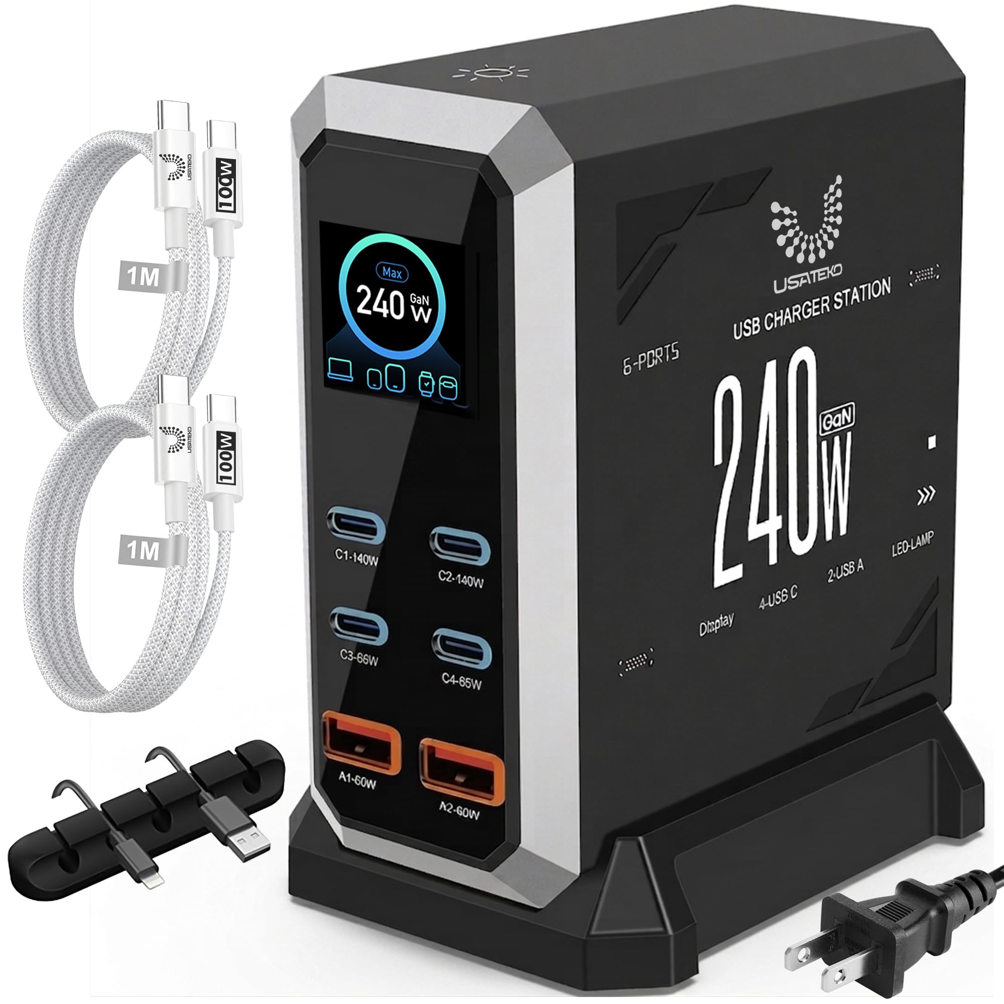 USATEKO 240W GaN USB Charging Station, 6-Port Fast USB Charger Block with 4 USB-C PD3.1 and 2 USB-A Ports