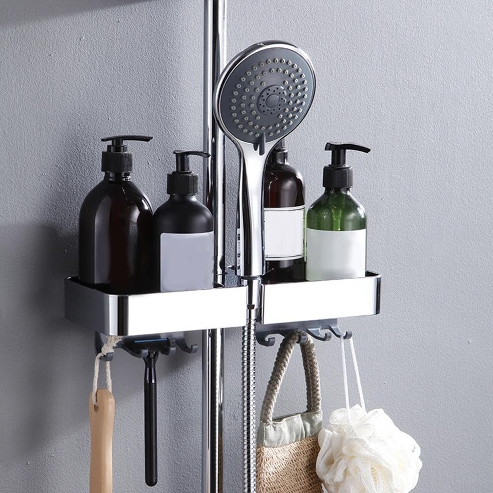 HpLive Étagère pour barres de douche, étagère de douche de grande capacité sans perçage, rangement des deux côtés et 8 crochets, étagère de salle de bain (argenté)
