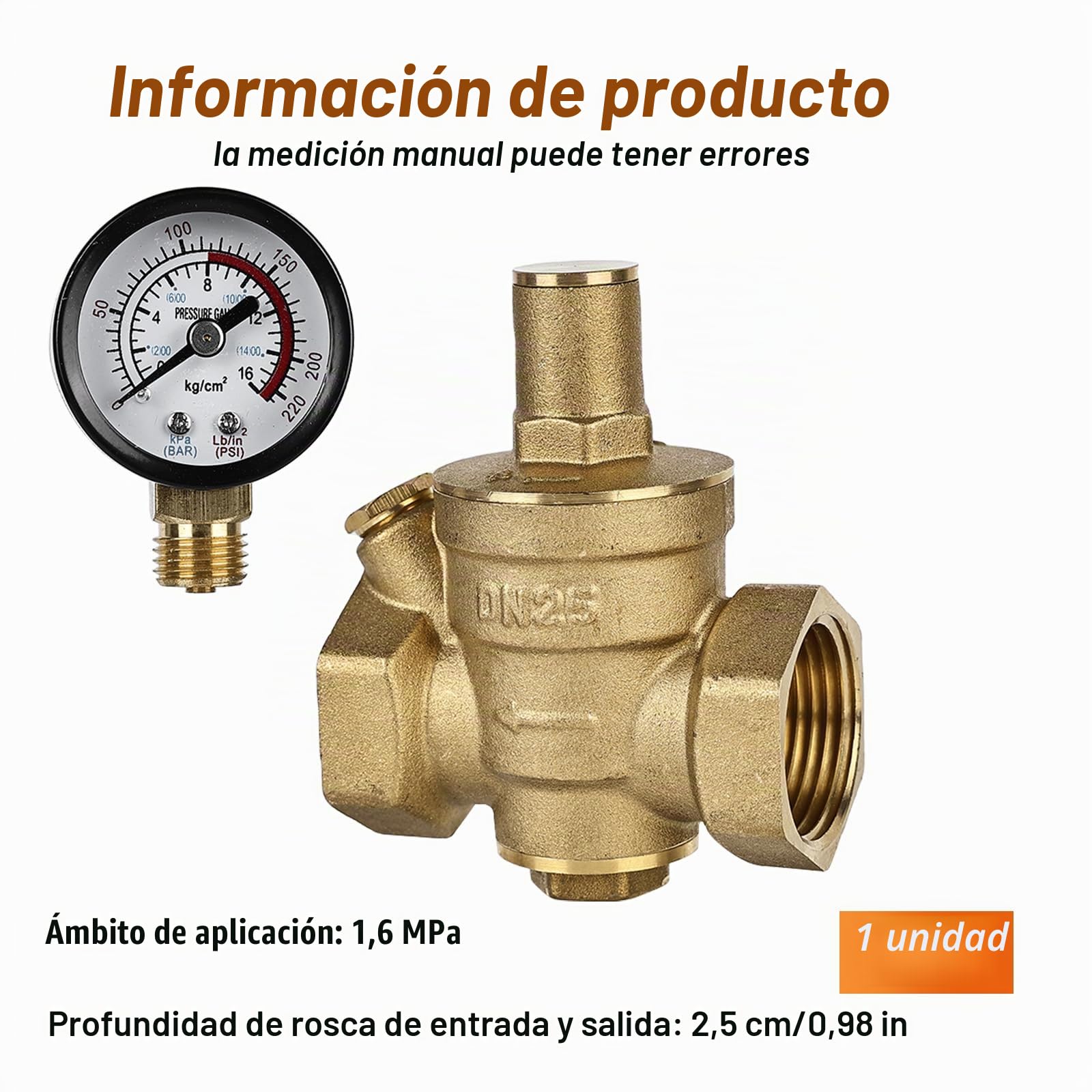 Regulador de presión de agua de 1 pulgada con manómetro: HOMURY DN25 reductor de presión de agua, regulador de presión de agua ajustable, reductor de presión de agua, 100% latón de alta dureza