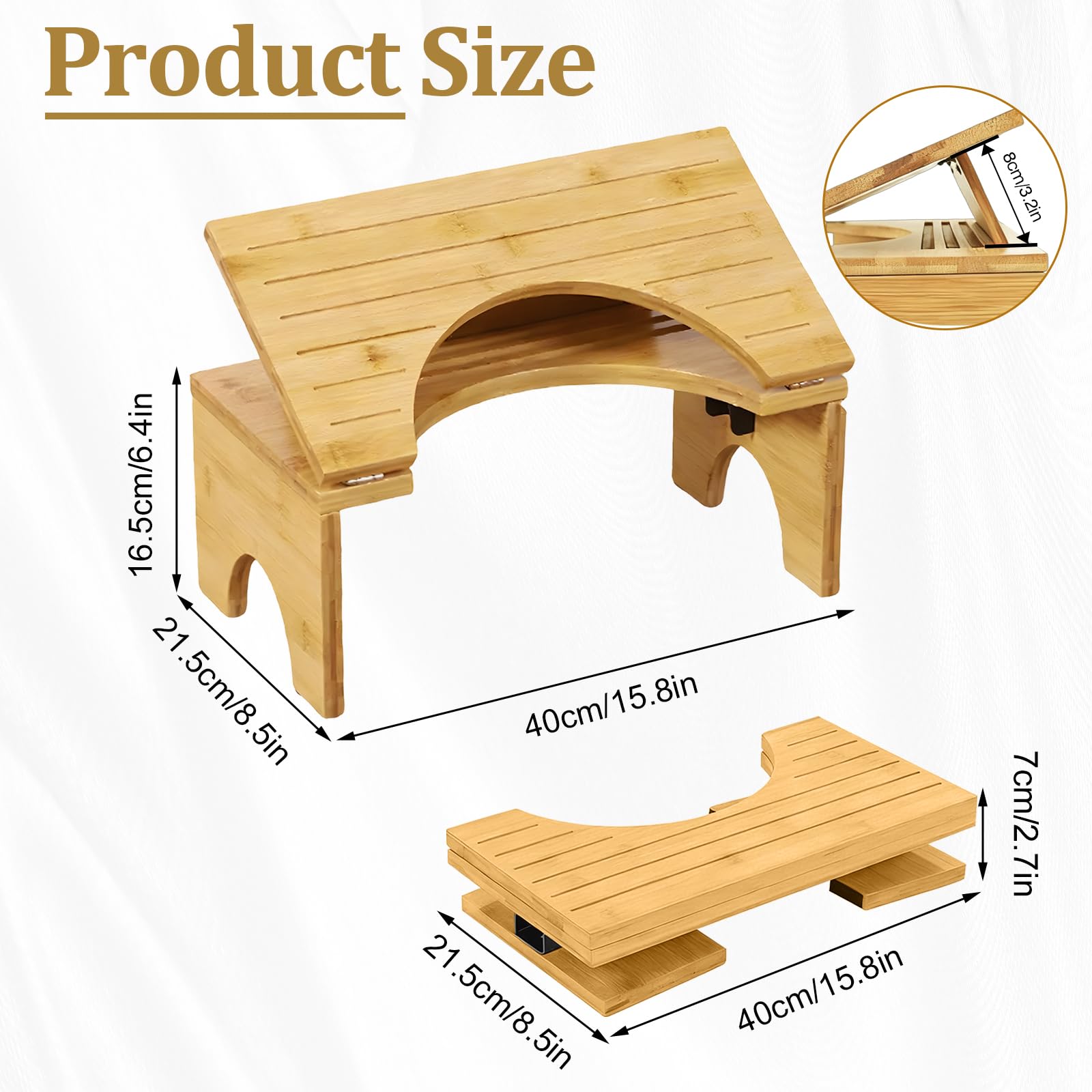 Sgabello da toilette pieghevole in bambù, 39,5 x 21,5 x 16,5 cm, in bambù, per adulti, con 4 velocità di regolazione dell'inclinazione, antiscivolo, pieghevole, per adulti e bambini