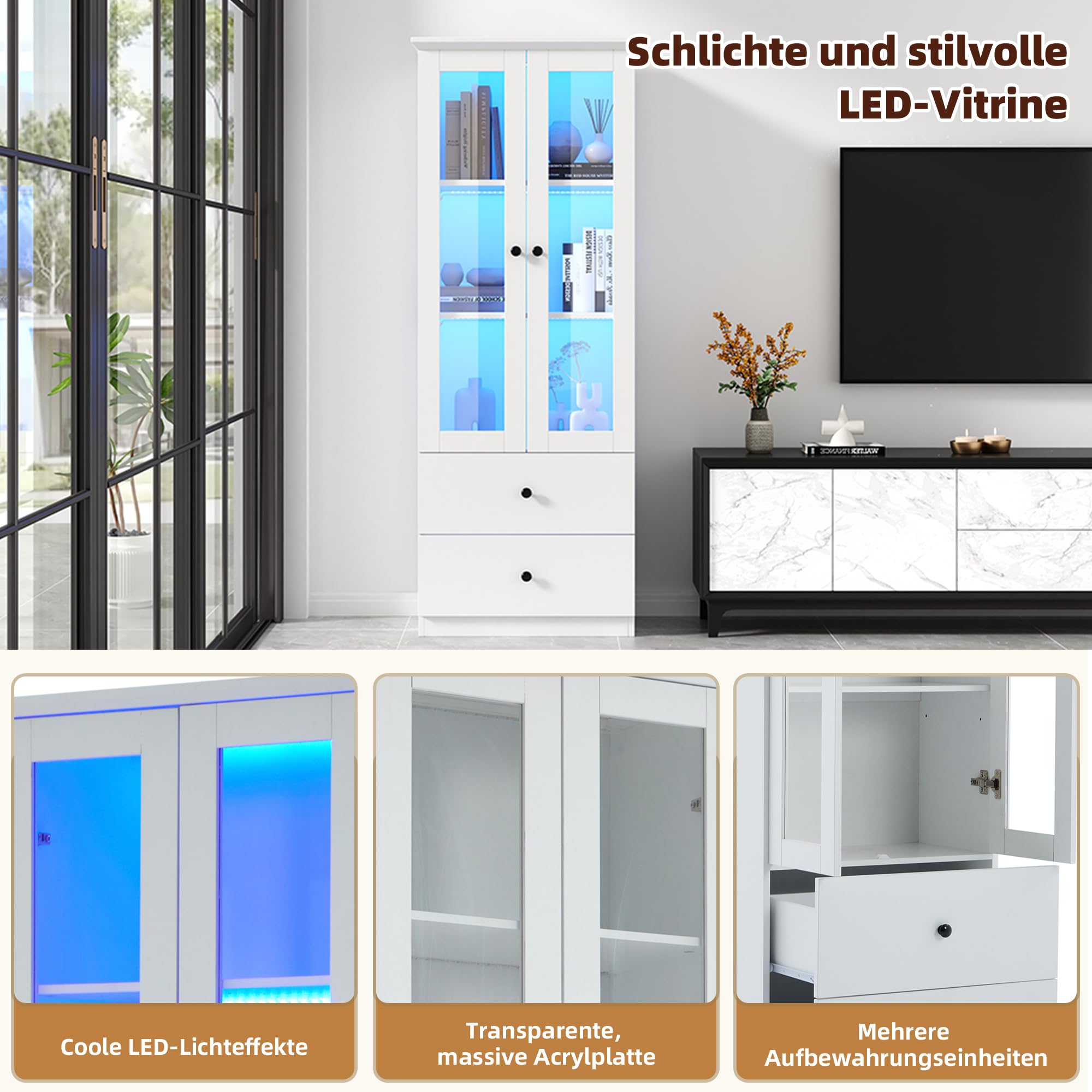 Moderna vitrina LED blanca mate de 165 cm de alto con puerto USB, mando a distancia de 16 colores, vitrina de cristal con 2 cajones, vitrina vertical con estantes ajustables, sala de estar