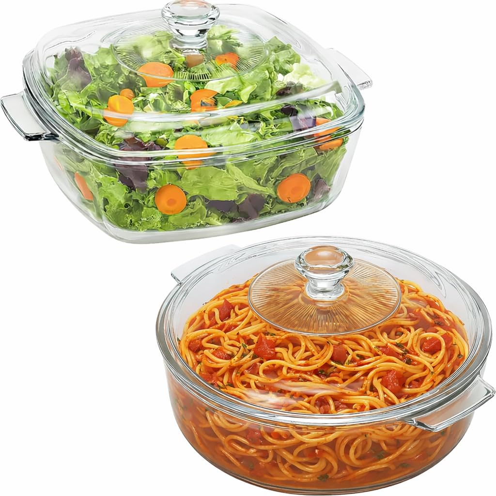 2 Pack 1.5L +1.7L Glass Casserole Dish with Lid and Handle Clear Lead-Free Covered Glass Baking Dish Casserole Cookware