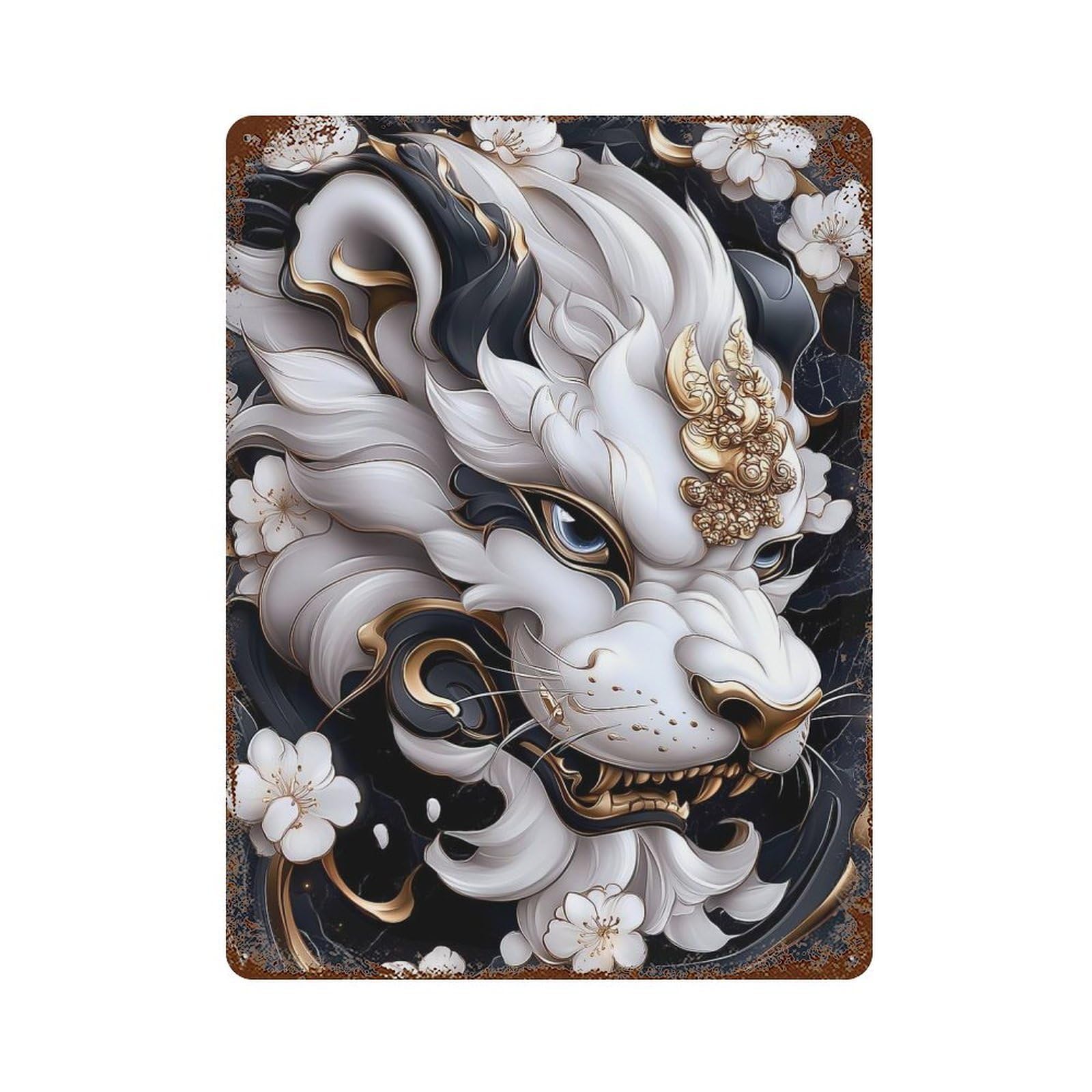 Garage Style White Lion with Gold Accents Distressed Metal Wall Sign 15.7"x11.8", Retro Wall Decor for Bar And Workshop