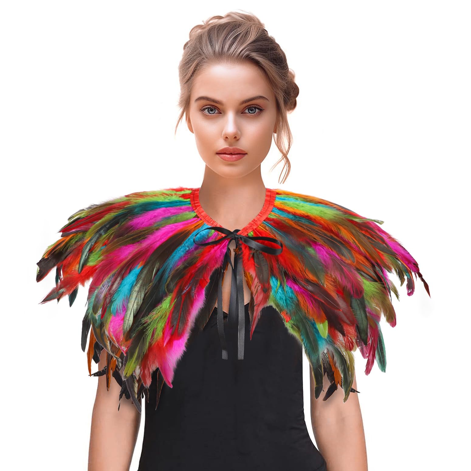 Womens Gothic Feather Shrug Shawl Halloween Crow Maleficent Costume Lace-up Collar Cloak Cape Fancy Dress Stole Scarf for Halloween Cosplay Christmas Party Dress Up Accessory โ image 1
