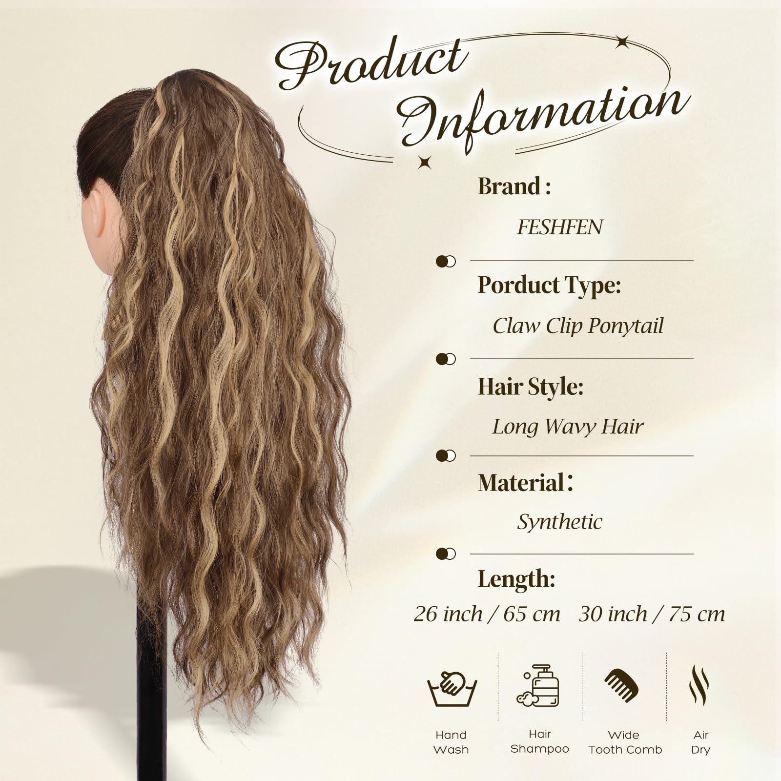FESHFEN Ponytail Cheveux Naturel Pince Ponytails Extensions Longue Bouclée Ondulée Postiche Queue de Cheval Extension Blond Miel Mélangé Brun Clair Synthétique Rajout Cheveux pour Femmes 75 cm