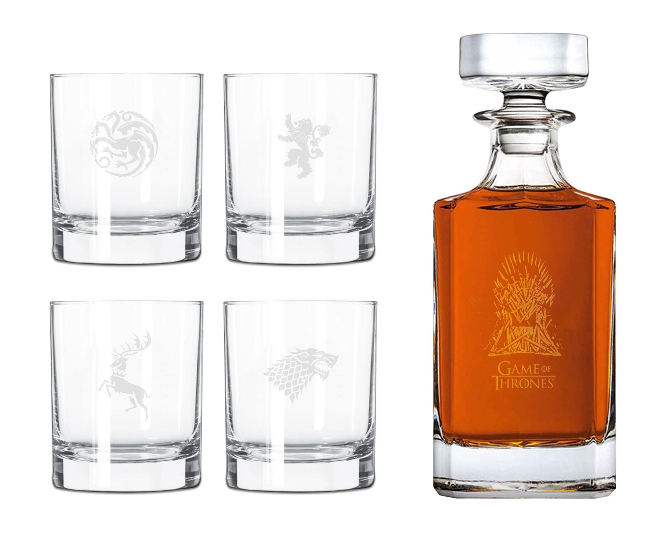 Game of Thrones Whiskey Set mit 4 Whiskeygläser und Whiskeyflasche mit Gravur - in hochwertiger Geschenkverpackung