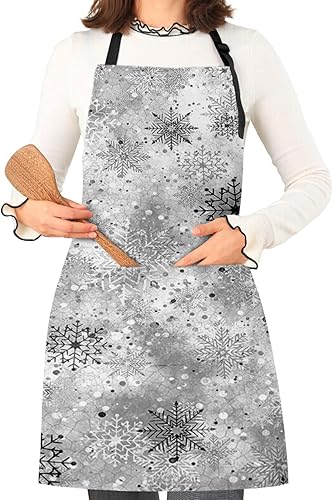 Delantal de cocina de Navidad, invierno, copos de nieve, impermeables, ajustables, para mujereshombres, con bolsillos, gris, blanco