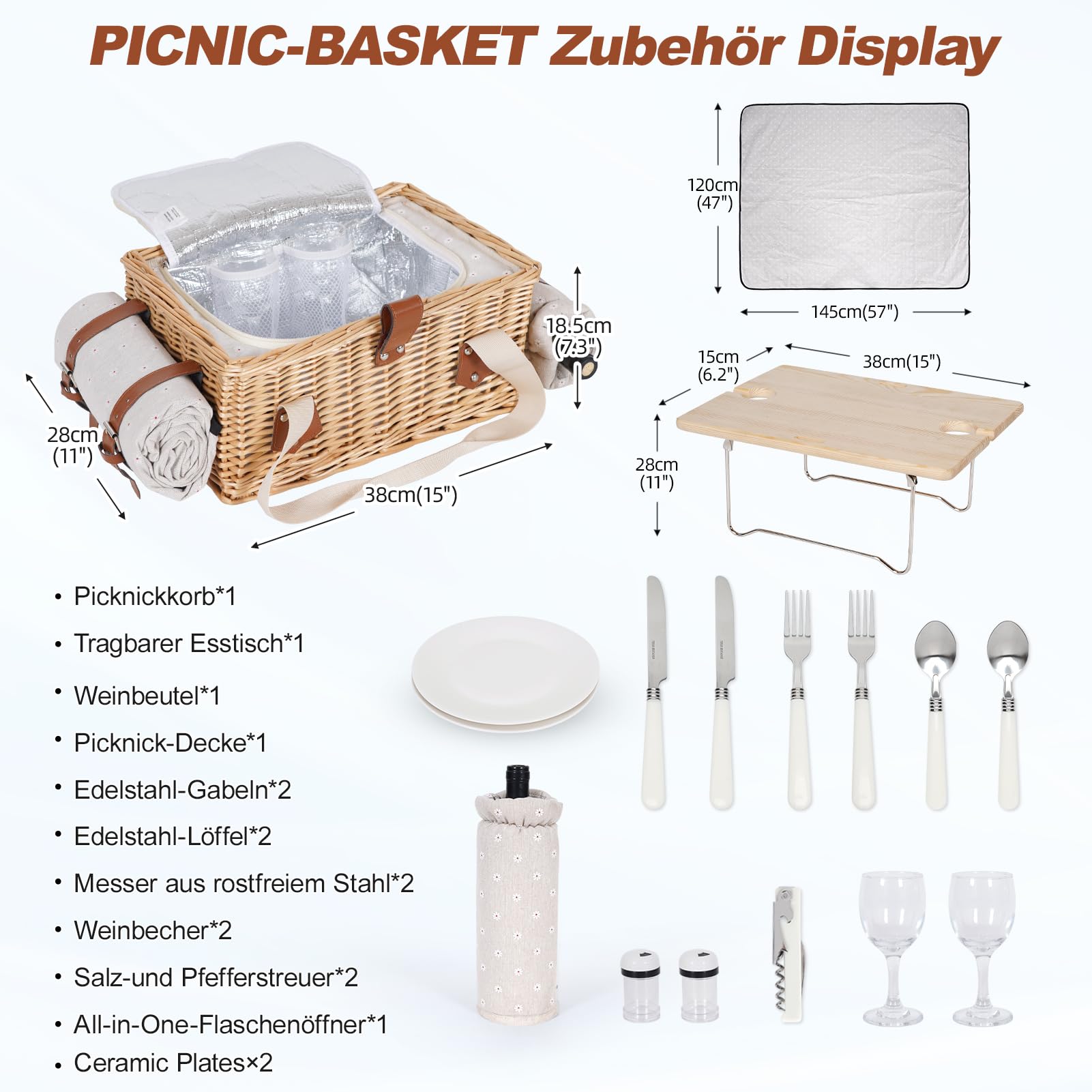 Juego de cesta de picnic con mini mesa plegable y juego de cubiertos, cesta de picnic para 2 personas con bolsas frías, cesta de mimbre con asa, cesta de mimbre para picnic, camping, fiesta al aire