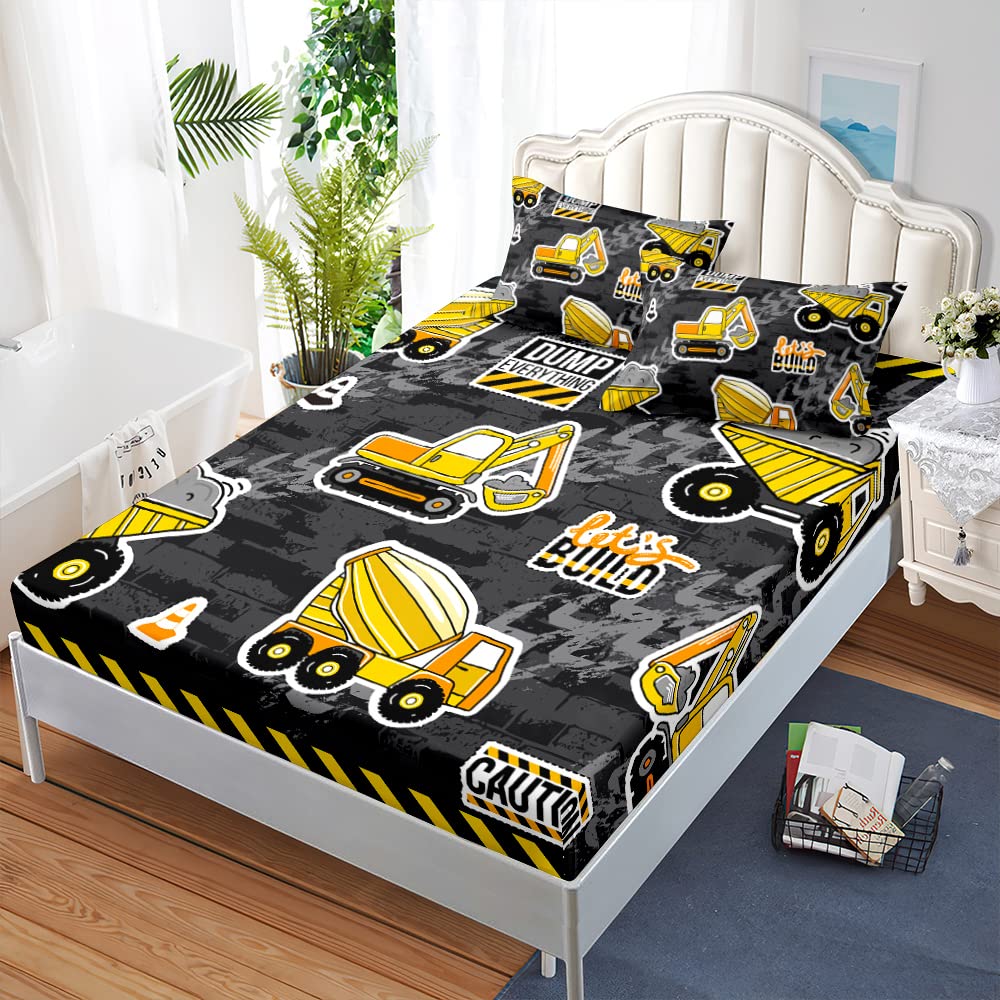 Chickwin Fitted Sheet with Pillowcase, Excavator Print Bed Sheets for Boys Single Double Bed, Soft Microfibre Easy Care Shrinkage Fade Resistant Deep Pocket 40cm (138x190x40cm,Excavator 6)