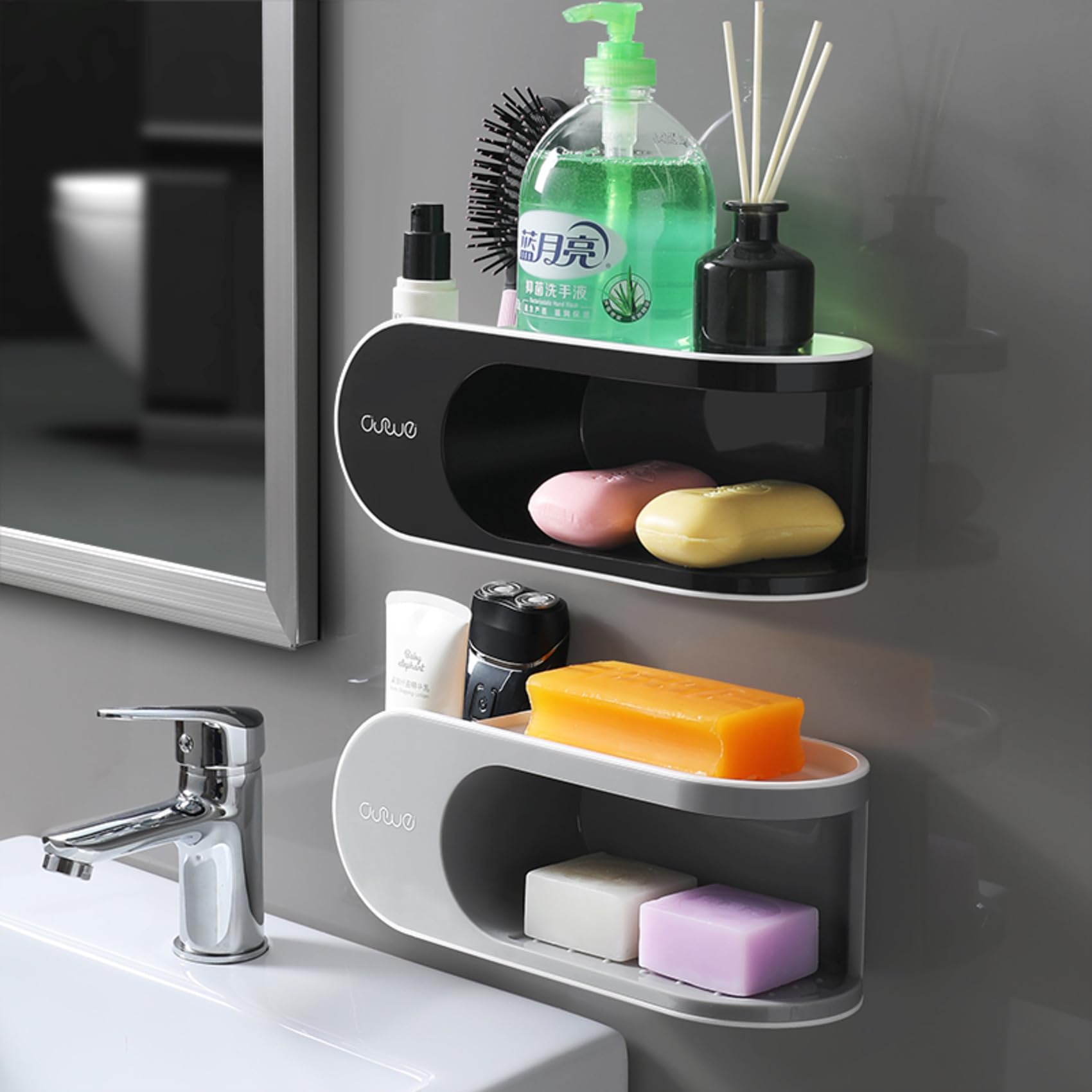 TYZAG Soap Holder Adhesive Storage Organizer Durable Bath Space Saving Design with 4 Removable Hooks Ideal for Sponge and Shelving Decor, Washroom and Kitchen Essential (Grey, 2 in 1 Soap Holder)