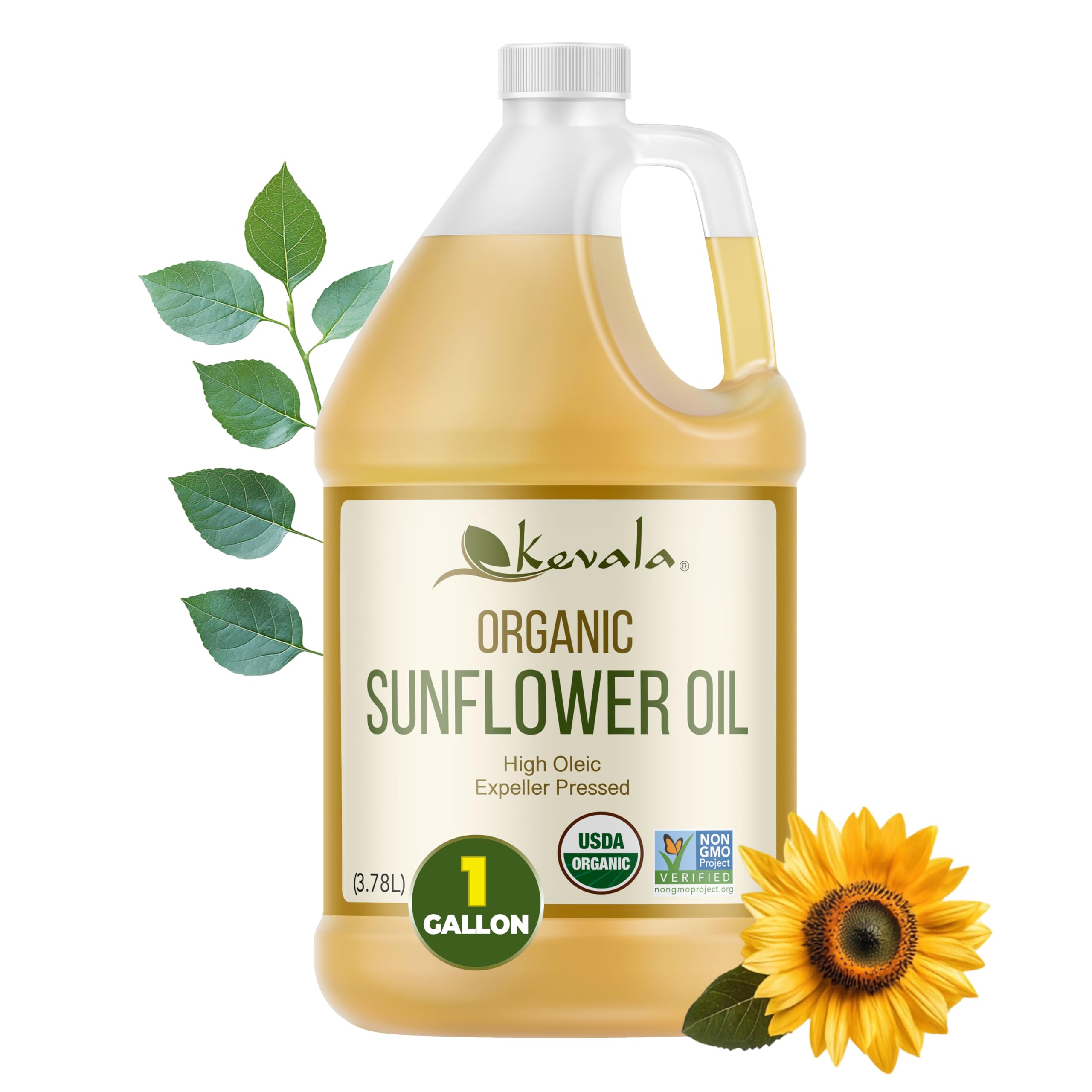Kevala Organic Sunflower Oil - Oil Rich in Vitamin E for Cooking and Body Care, Great Ingredient for a Salad Dressing with no Cholesterol, Kitchen Pantry Staple for your Home, 128 fl oz, 1 gal