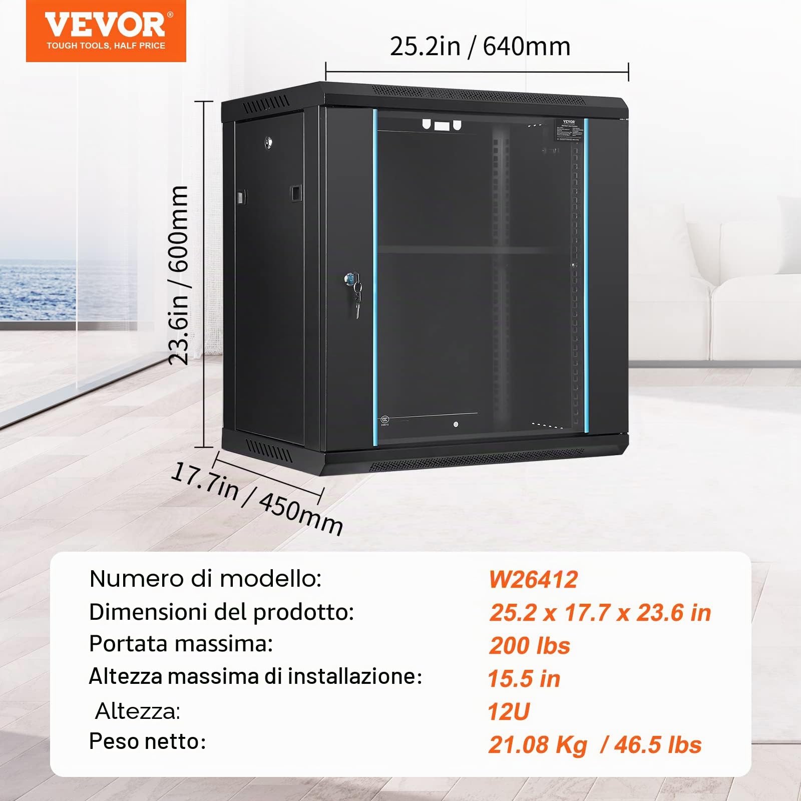 VEVOR Armadio per server di rete con montaggio a parete 12U, profondità 15,5", armadio per server rack, portata massima 200 libbre. Capacità di carico con montaggio a terra