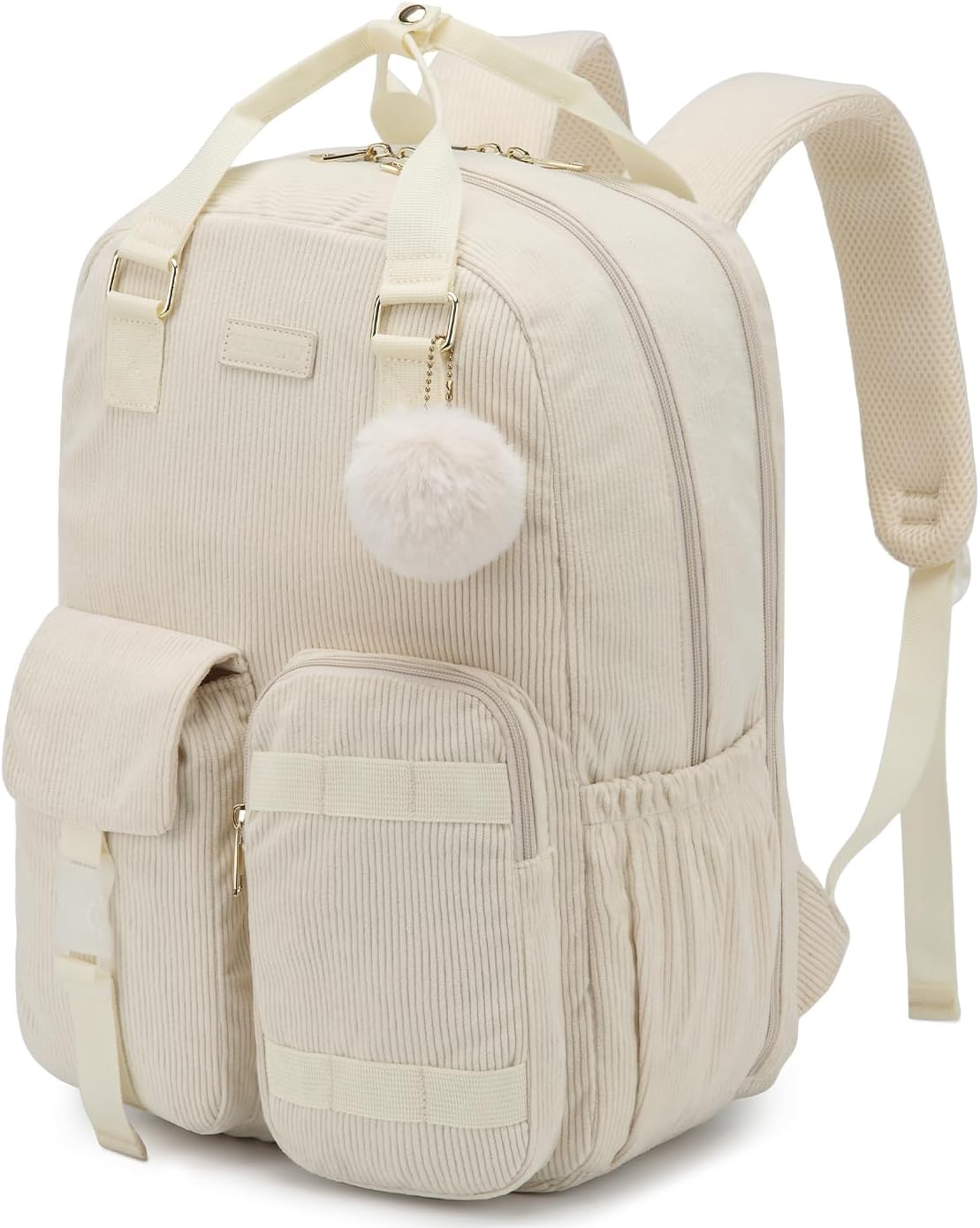 Cute Backpacks for Women, 17.3in Laptop Bag for Teen Girl Corduroy Bookbag for Middle High School College Students, Beige