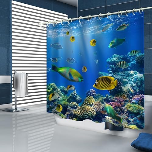 Miniatura 9 de LYFANS Cortinas de ducha 3D de mundo submarino, cortina de ducha impermeable de lujo, cortinas de ducha de tela brillante, incluye 12 ganchos
