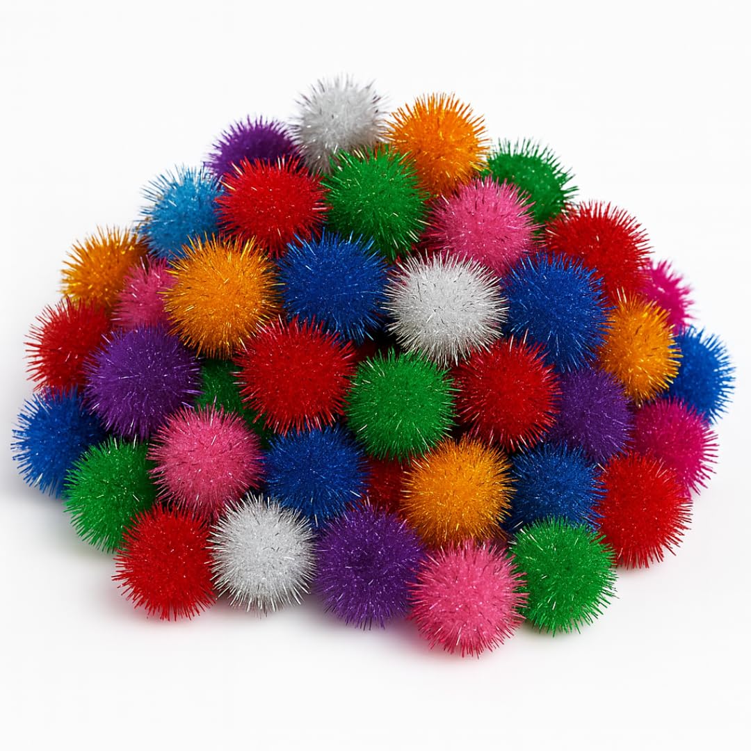 Springboard Small Glitter Pom Poms Pack of 100, Sparkly Mixed Colour Craft Pompoms for EYFS Sensory Play, Cards & Collage