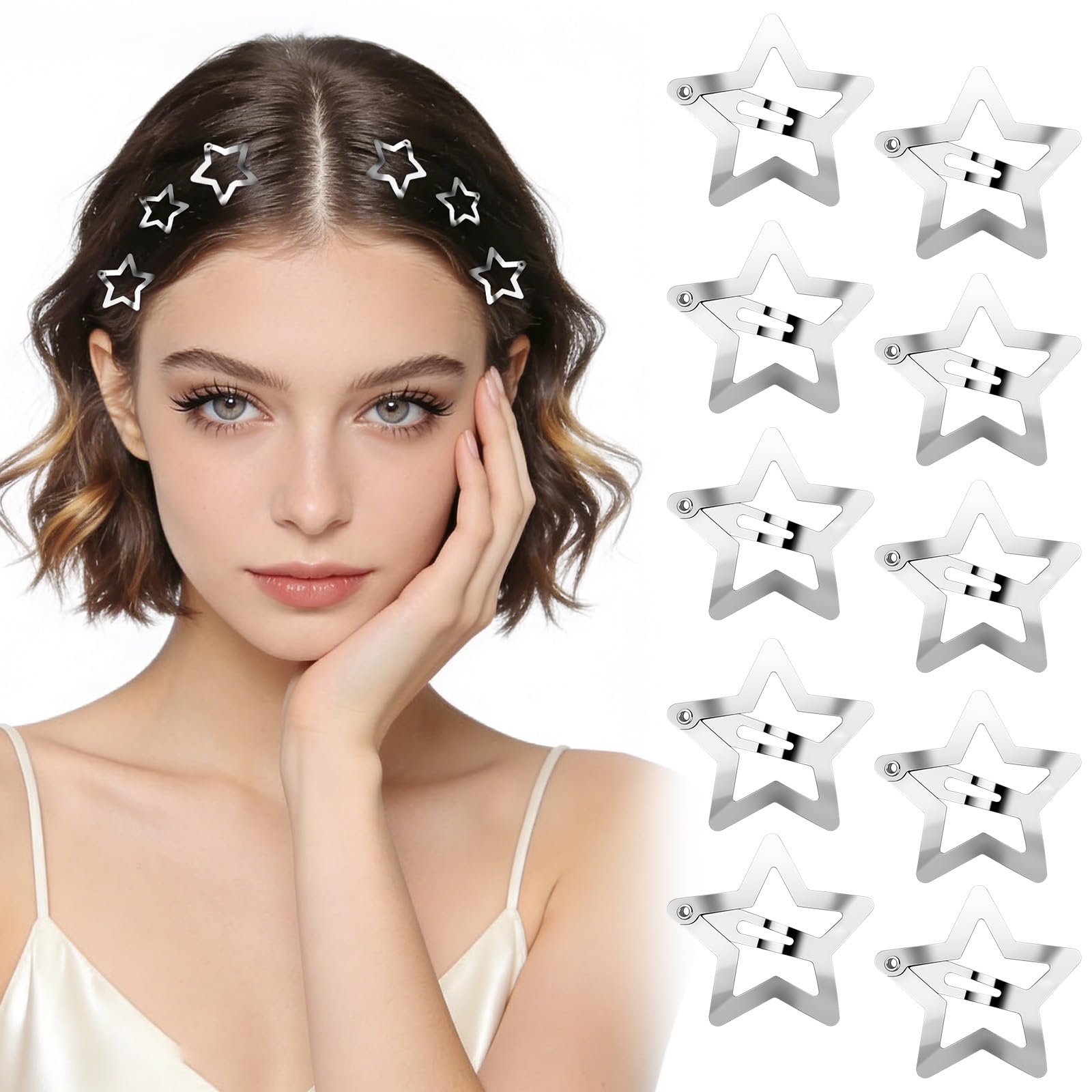 BUTBU 10 Stück Metall Stern Haarspangen, mit Schnappverschluss, Kleine haarspangen, Glitzeriges Aussehen, für kinder kädchen Halloween Weihnachten schöne Kopfbedeckungen(Silber)