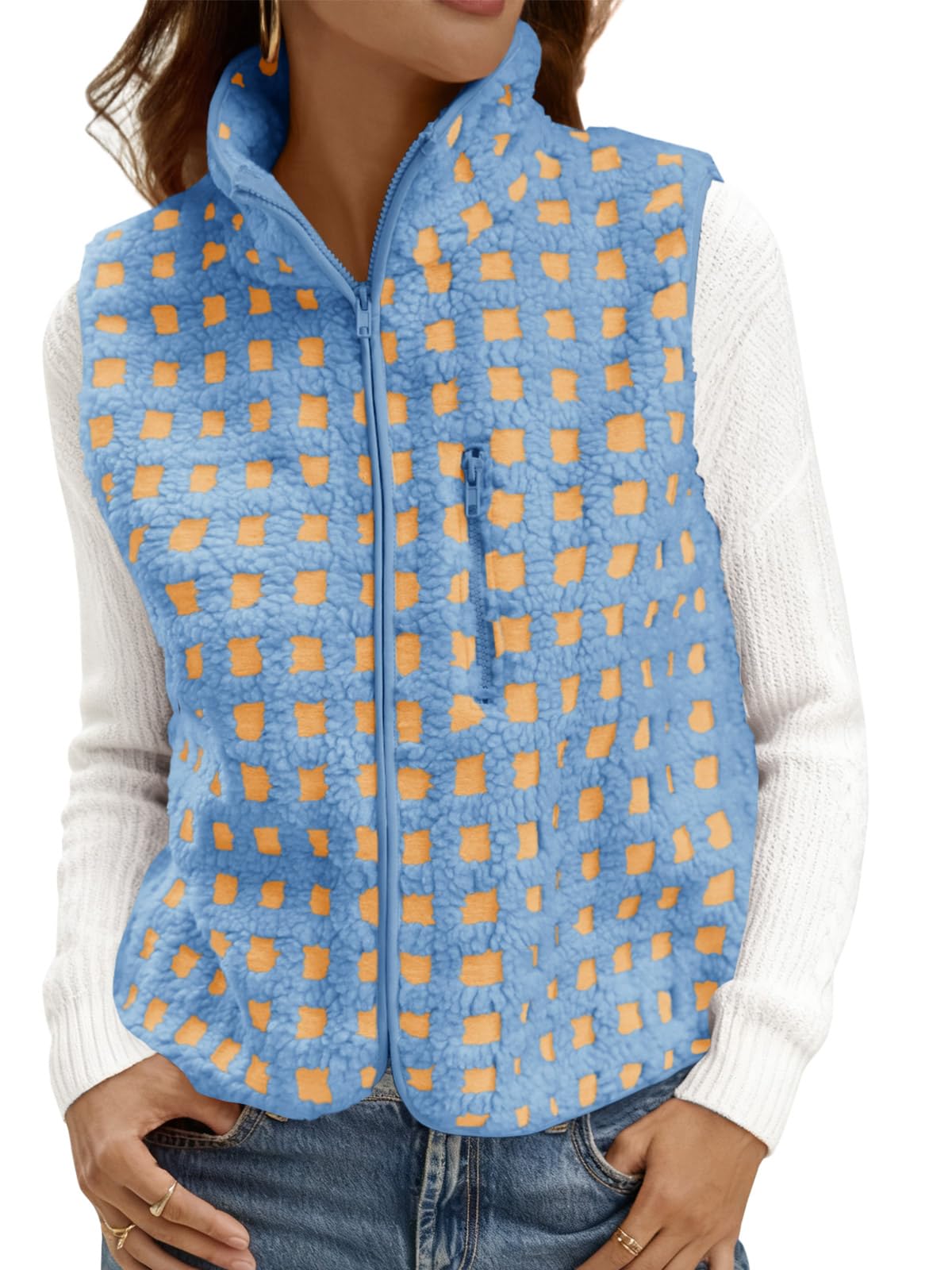 tankaneo Womens Checkered Sherpa Vest Fleece Fuzzy Zip Up Sleeveless Jacket Casual 2025 Winter Warm Outwear-picture-21