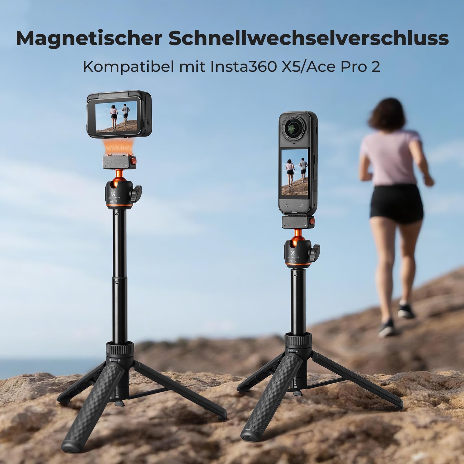 K&F CONCEPT Magnetisches Schnellwechsel-Stativ für Insta360 Ace Pro 2, 66cm Selfie Stick MIni Stativ mit Ein-Klick-Ausklappfunktion, Verlängerungsstange mit 360°-Kugelkopf, Tischstativ für Insta360 X5