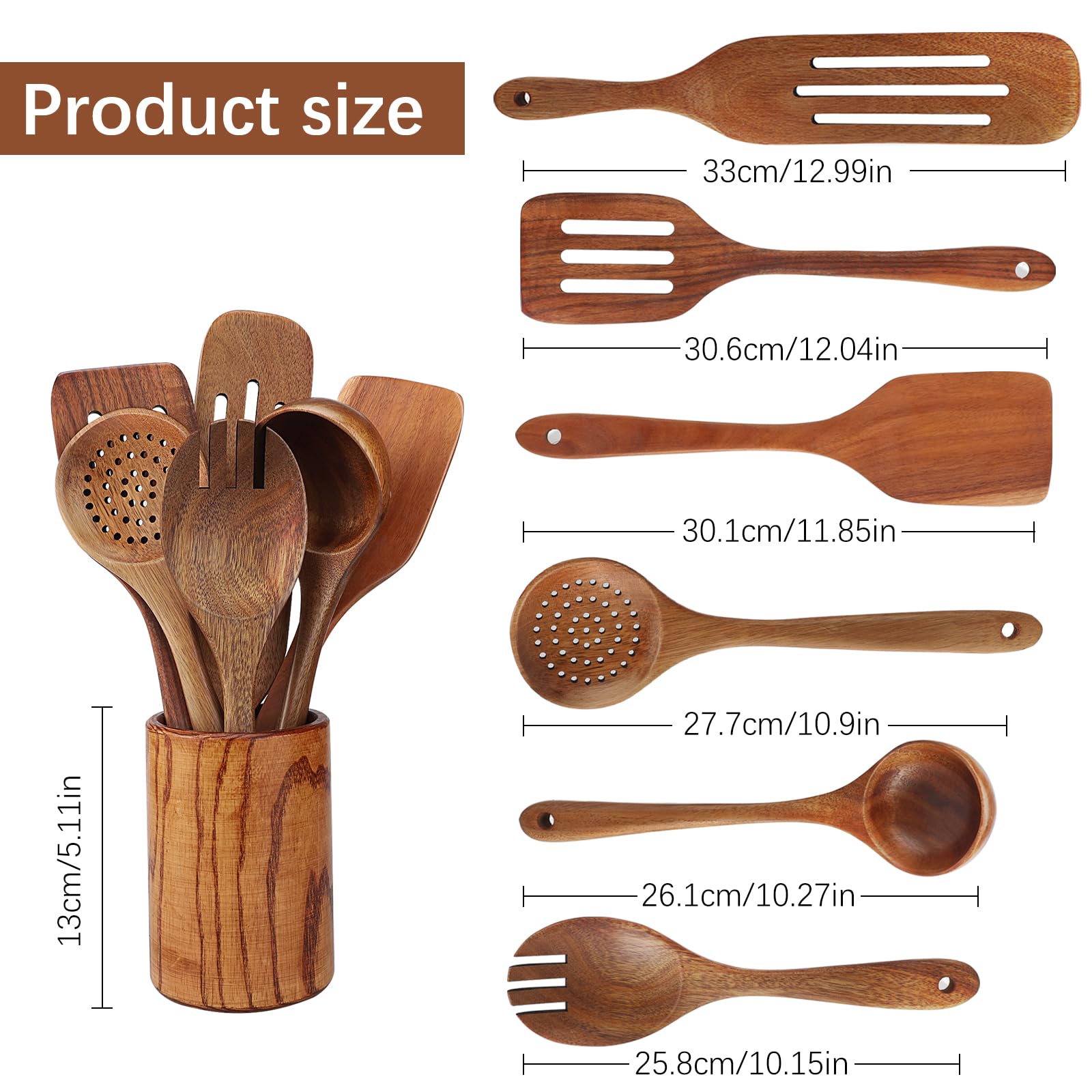 Set Mestoli in Legno, 7 Pezzi Utensili Cucina in Teak - Include Spatola, Cucchiaio, Mestolo e Scolapasta - Adatto per Padelle Antiaderenti
