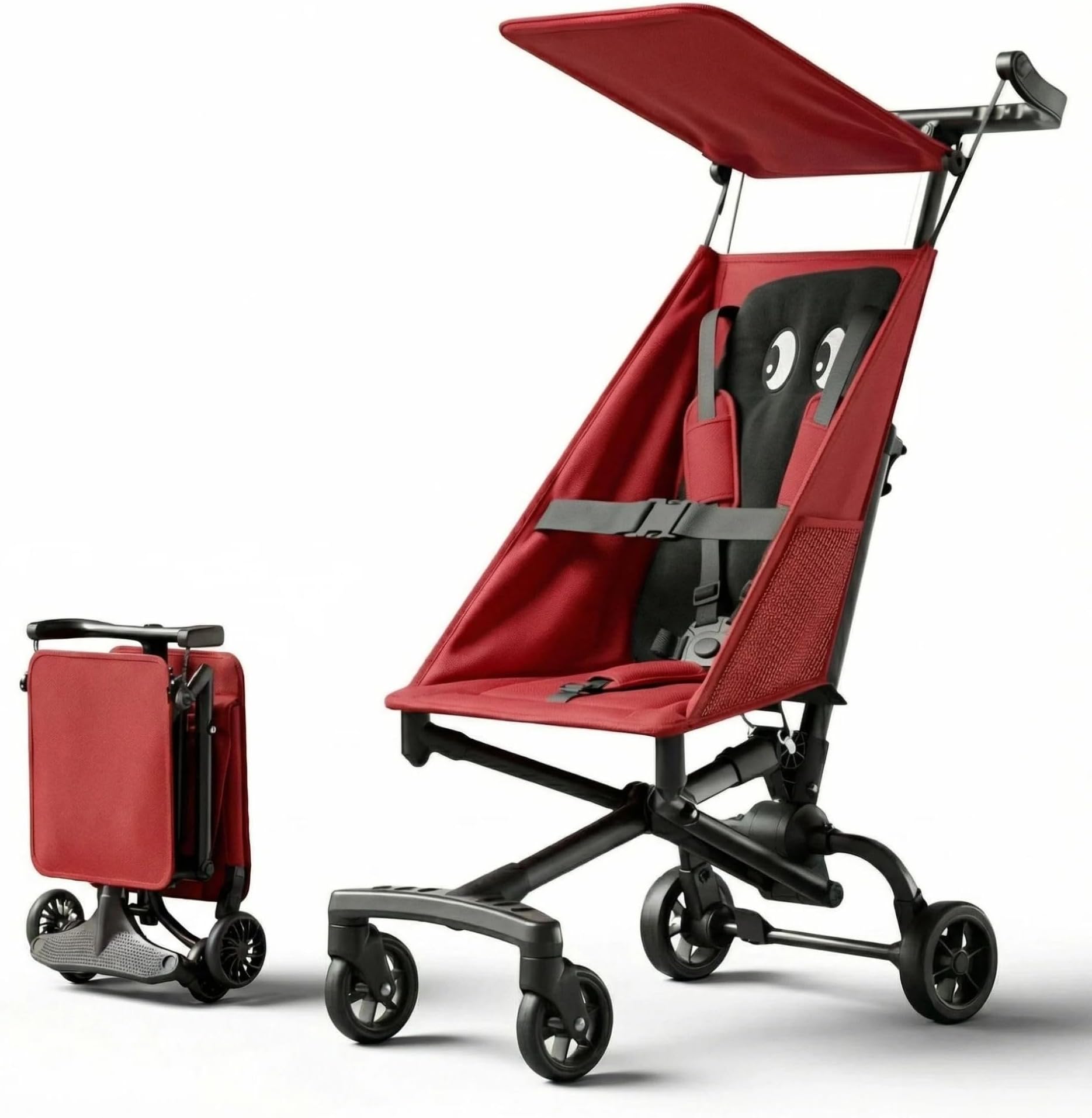 Lightweight Airplane Stroller, 2.8kg Instant Fold & Unfold Portable Pushchair, Cabin-Sized Compact Baby Stroller with Removable Cartoon Pad for Travel (0-4 Years), 4 Colors red