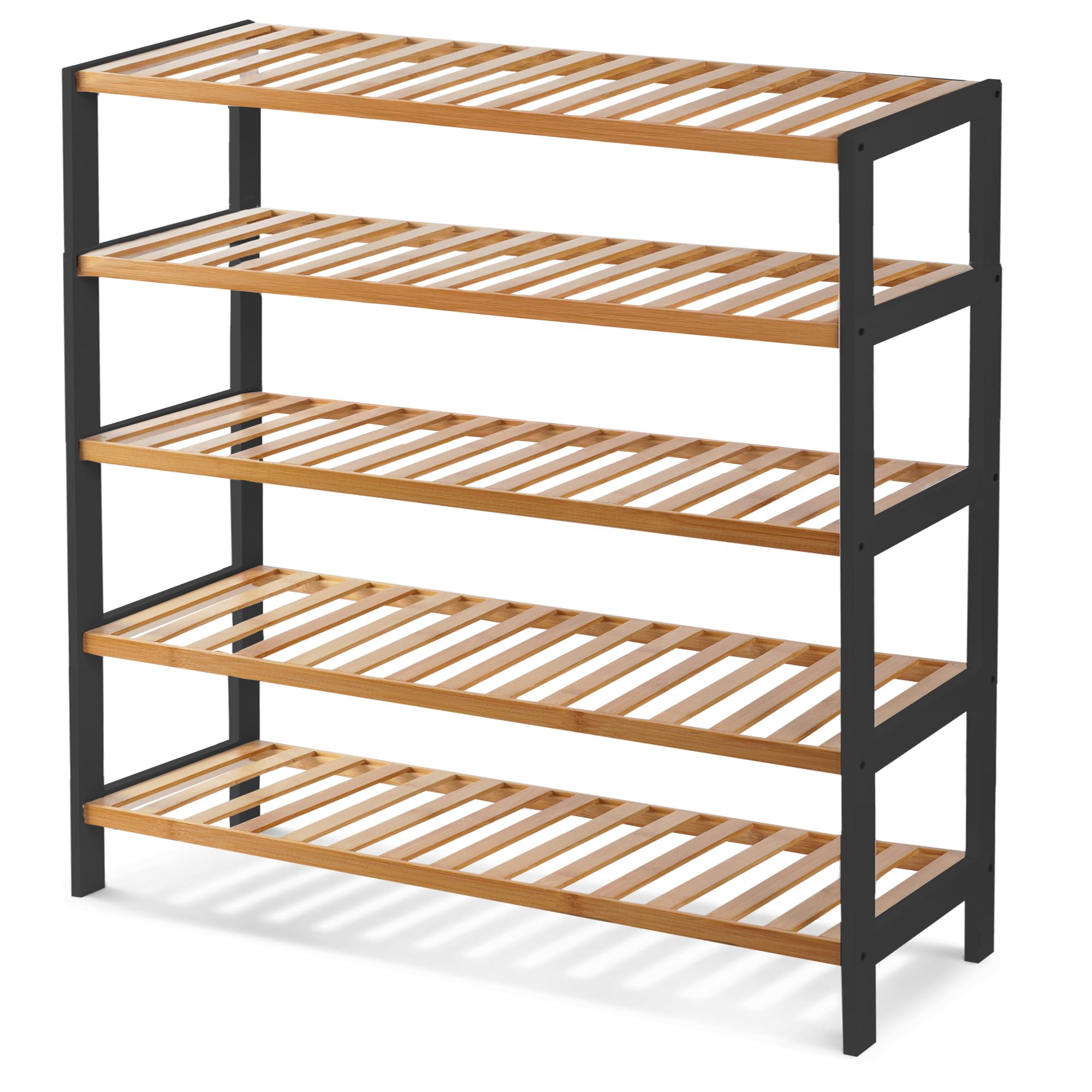 KEPLIN Natural Bamboo Shoe Rack Easy Assembly & Strong Design Shelf Organiser Ideal for Bedroom, Bathroom, Hallway & Small Spaces Capacity Up to 15 Pairs of Shoes (Black/Natural, 5 Tier) (70x95x25cm)