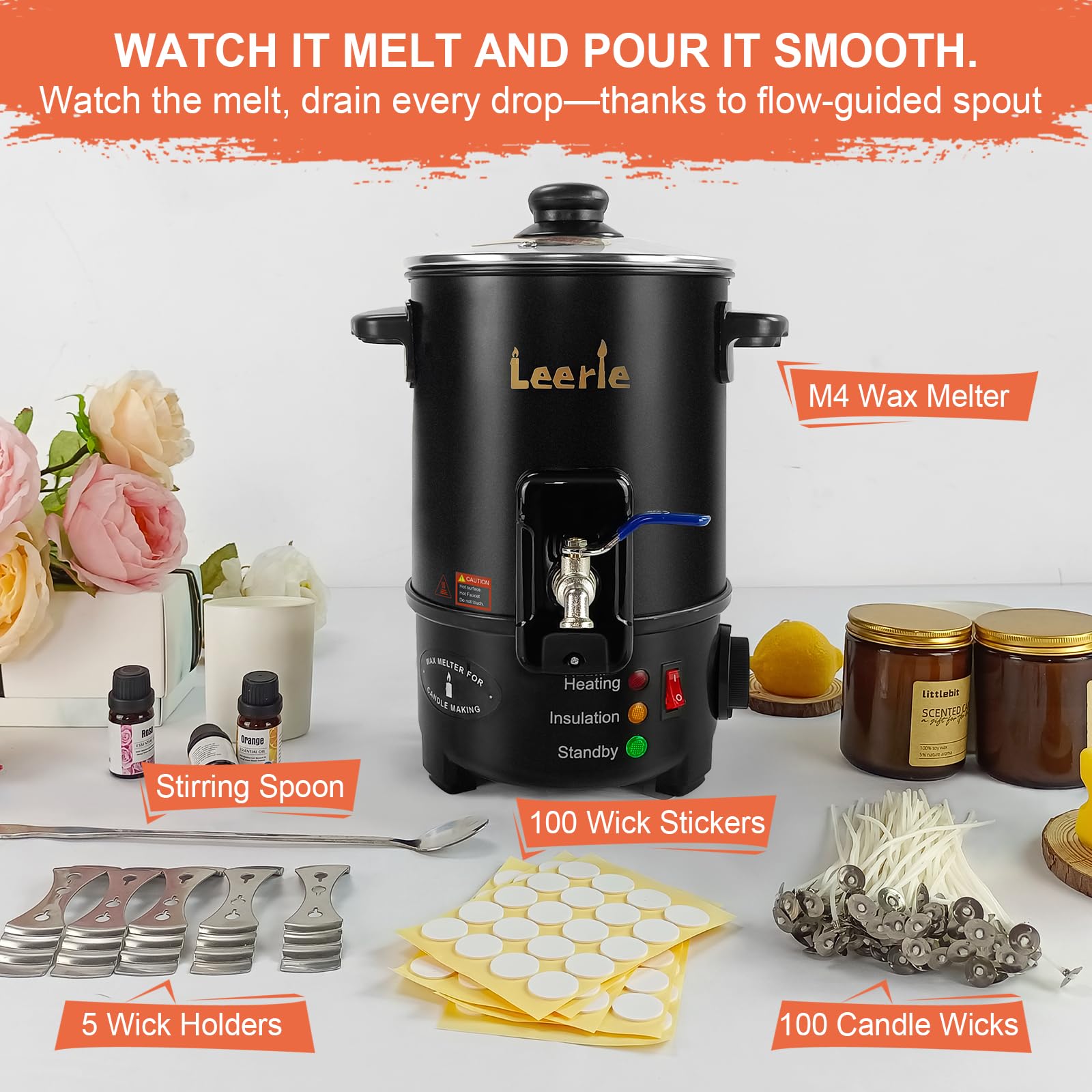 Leerie M4 - Melter de cera de 8 libras para hacer velas, boquilla de latón con núcleo de calefacción y control de temperatura, sin obstrucciones, fácil de limpiar, olla de fusión eléctrica de cera