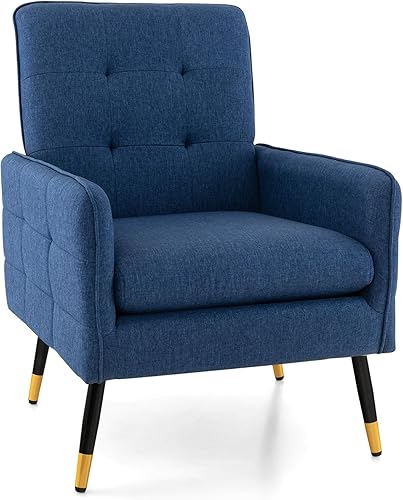 Miniatura 9 de Giantex Silla decorativa moderna de mediados de siglo, sillón tapizado con respaldo copetudo, patas de metal, almohadillas ajustables, sofá
