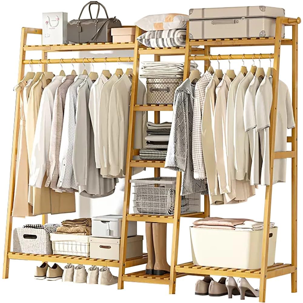 XDLEDMKIZ Bamboo Clothing Rack with Top Shelf and Shoe Rack Freestanding Garment Stand for Coats Hanging Rod Open Wardrobe Closet for Bedroom and Hallway