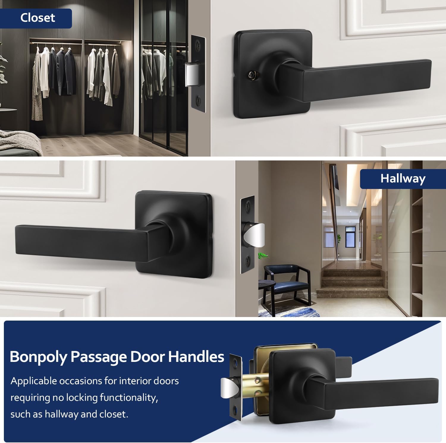 6 Pack Matte Black Door Handle, Interior Passage Door Handle for Hallway, Closet Door Knob Without Lock, Keyless Square Door Lever, Reversible for Left/Right Doors