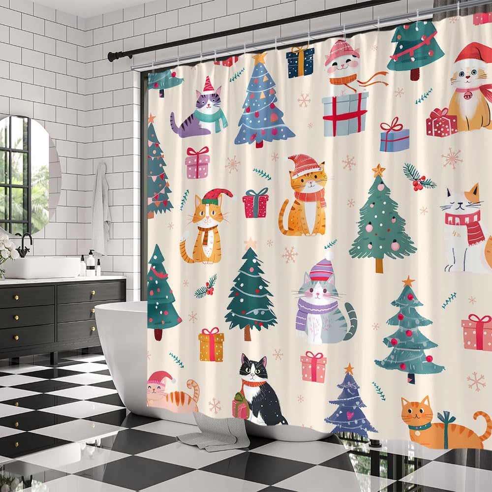 Christmas Cat Shower Curtain Cute Cartoon Kitten with Xmas Hat Pine Tree Winter Snowflake Star Lovely Animal Pets Lover Happy New Year Fabric Bathroom Decor Curtains with Hooks,70 x 80
