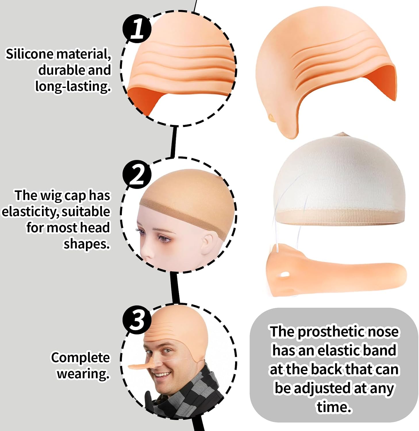 6 Pcs Bald Head Costume Set for Adults Halloween Cosplay for Men Black Grey | Movie costume with Bald Cap Scarf Long Nose Eyebrows Gloves Bald Costume for Carnival Halloween Theme Party