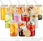 Sungwoo Coupes en verre avec des Lids de bambou et des Pailles, 16OZ Coupe de café glacé, Set de tasse à boire avec des lides en bois, Tumblers en verre essentiel maison pour bière, cocktail, thé et latte clair (4)