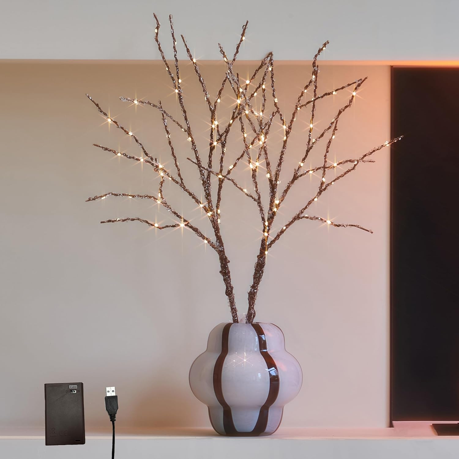 LITBLOOM Lighted Iced Willow Branches 32IN 100 LED with Timer Battery Operated, Tree Branch with Warm White Lights for Holiday Christmas Decoration Indoor Outdoor Use