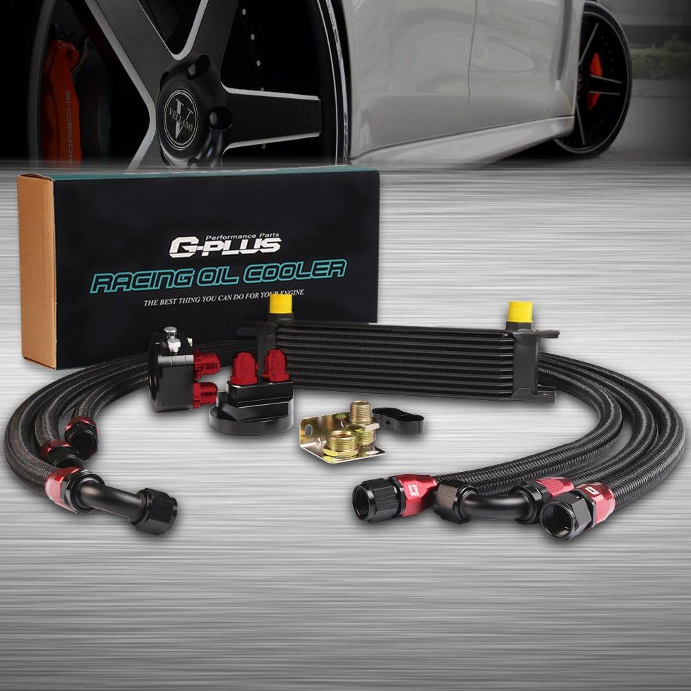 G-PLUS 10 Row AN10-10AN Aluminum Universal Engine Transmission Oil Cooler Kit Oil Filter Relocation Kit
