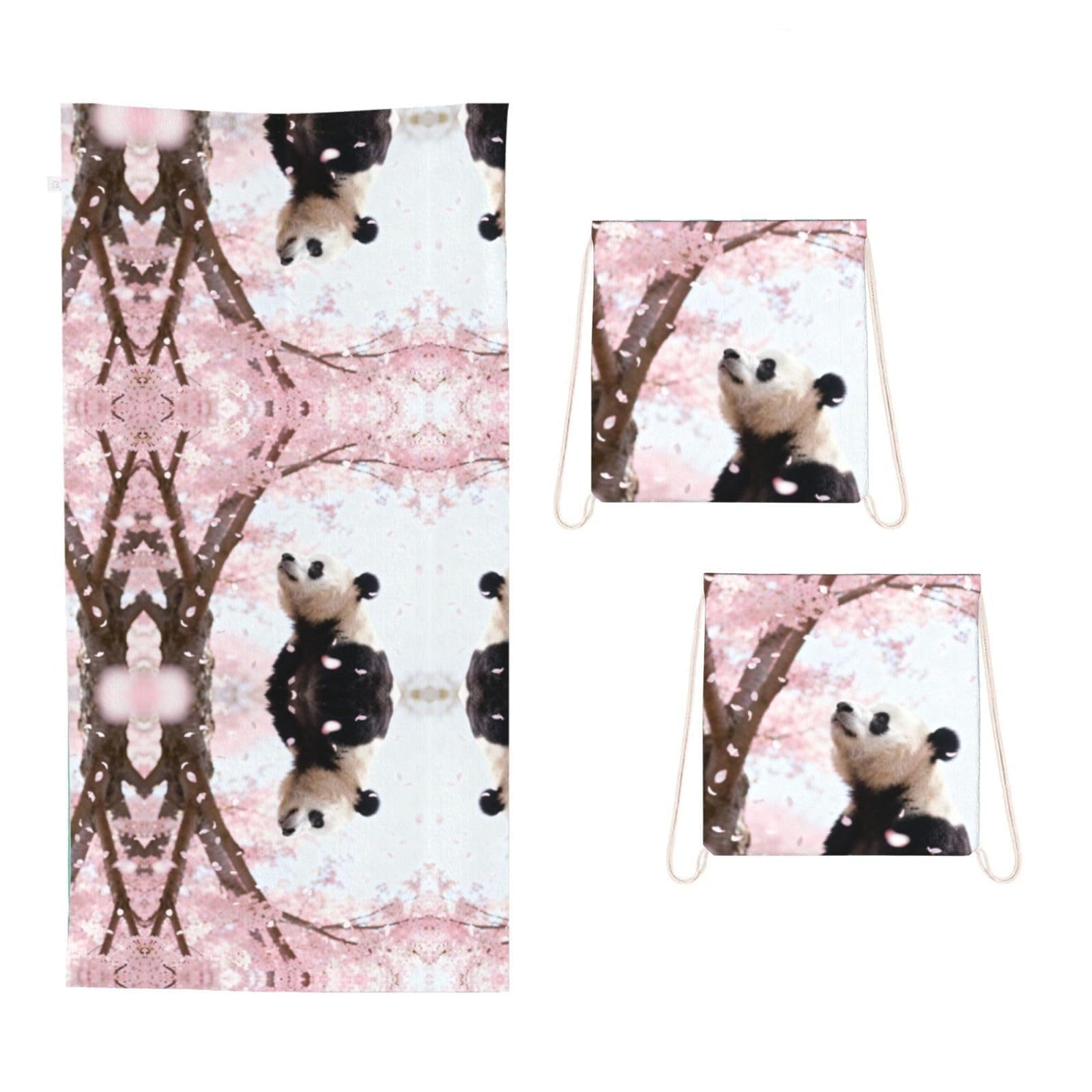 CNTDBU Panda Cherry Blossom 2 in 1 Packable Towel Bag-Large Beach Towel with Stuff Sack, Super Absorbent Microfiber Travel Towel for Pool