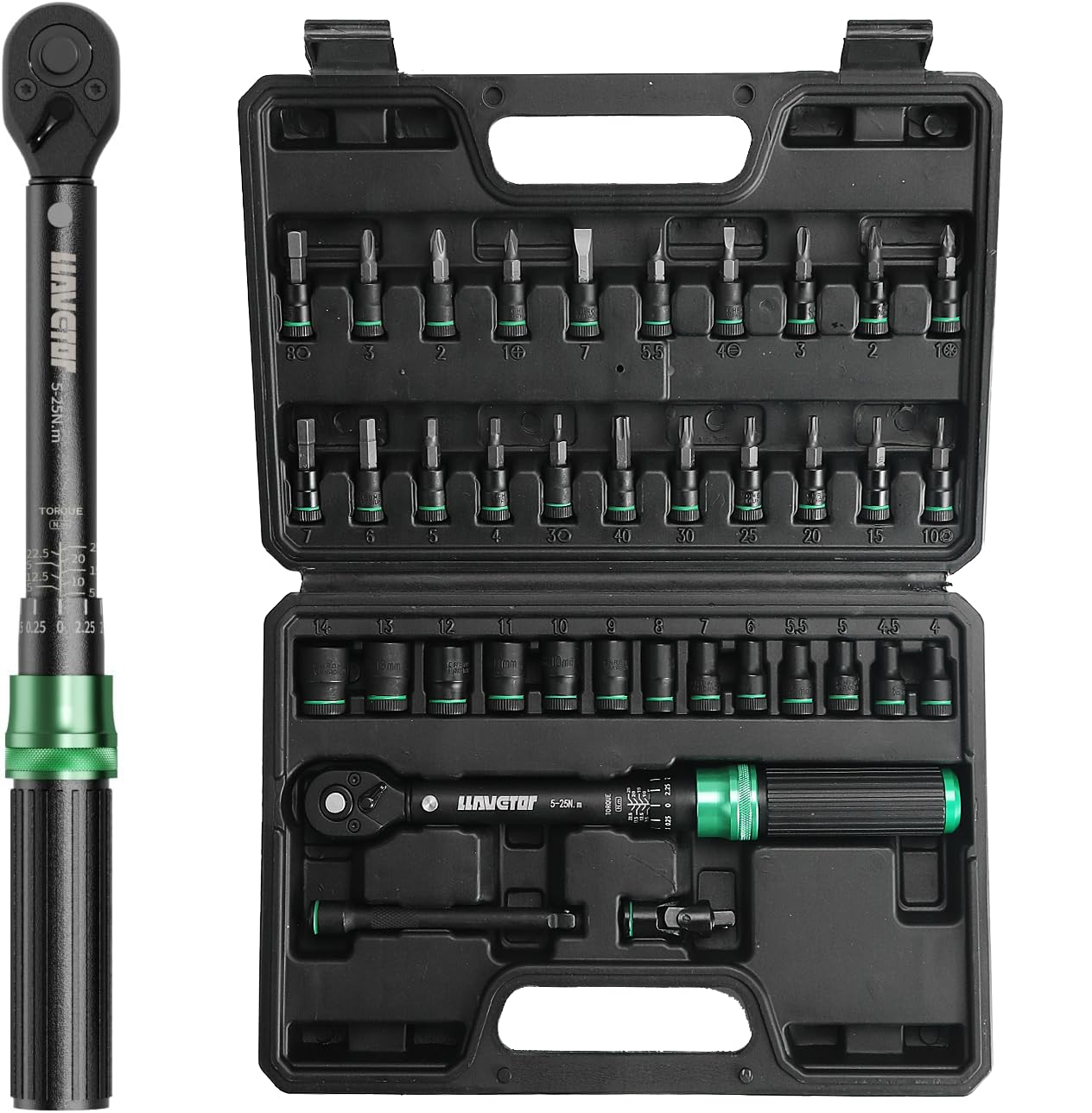 1/4" Llave Dinamométrica, 5-25Nm Chave Dinamométrica, 19 Piezas Juego Llaves Vaso para Bicicleta de Carretera y Montaña con Barra de Extensión, 1/4" Llave de Ttrinquete, Puntas Vasos