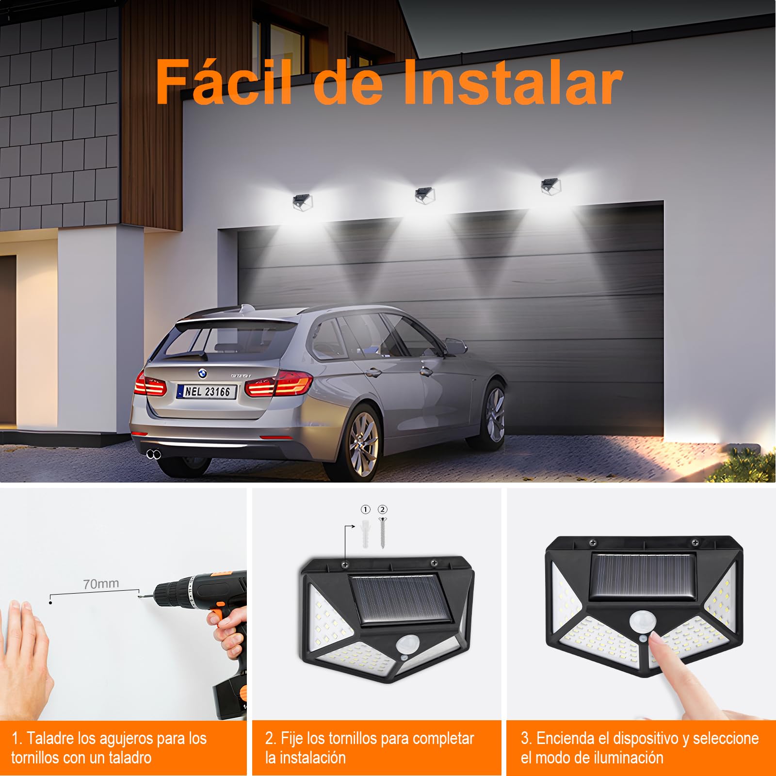 GRIFEMA Luz Solar Exterior para Jardín con Sensor de Movimiento, Focos LED Exterior Solares, Lámpara de Pared Solar Impermeable 100 LEDs, 3 Modos, Ángulo 270°, IP65, Batería 800mAh, GDK203