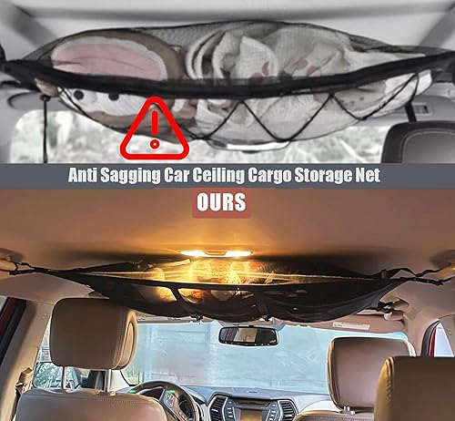 Miniatura 2 de Cwokarb Bolsillo de red de carga para techo de automóvil, 31 x 20 pulgadas, organizador de almacenamiento de techo de doble capa para fortalecer la