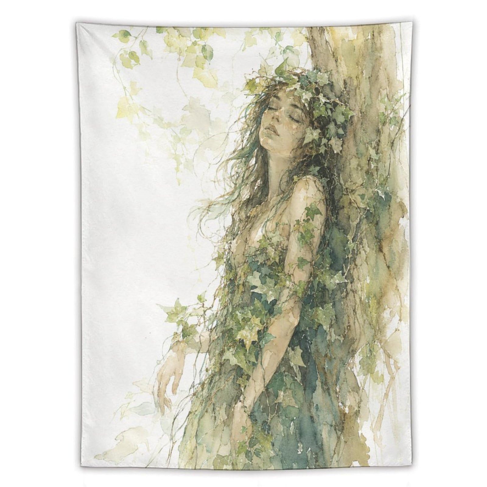 H3B8U2Y5 Green Forest Woman Wall Tapestry, Watercolor, Botanical Watercolor