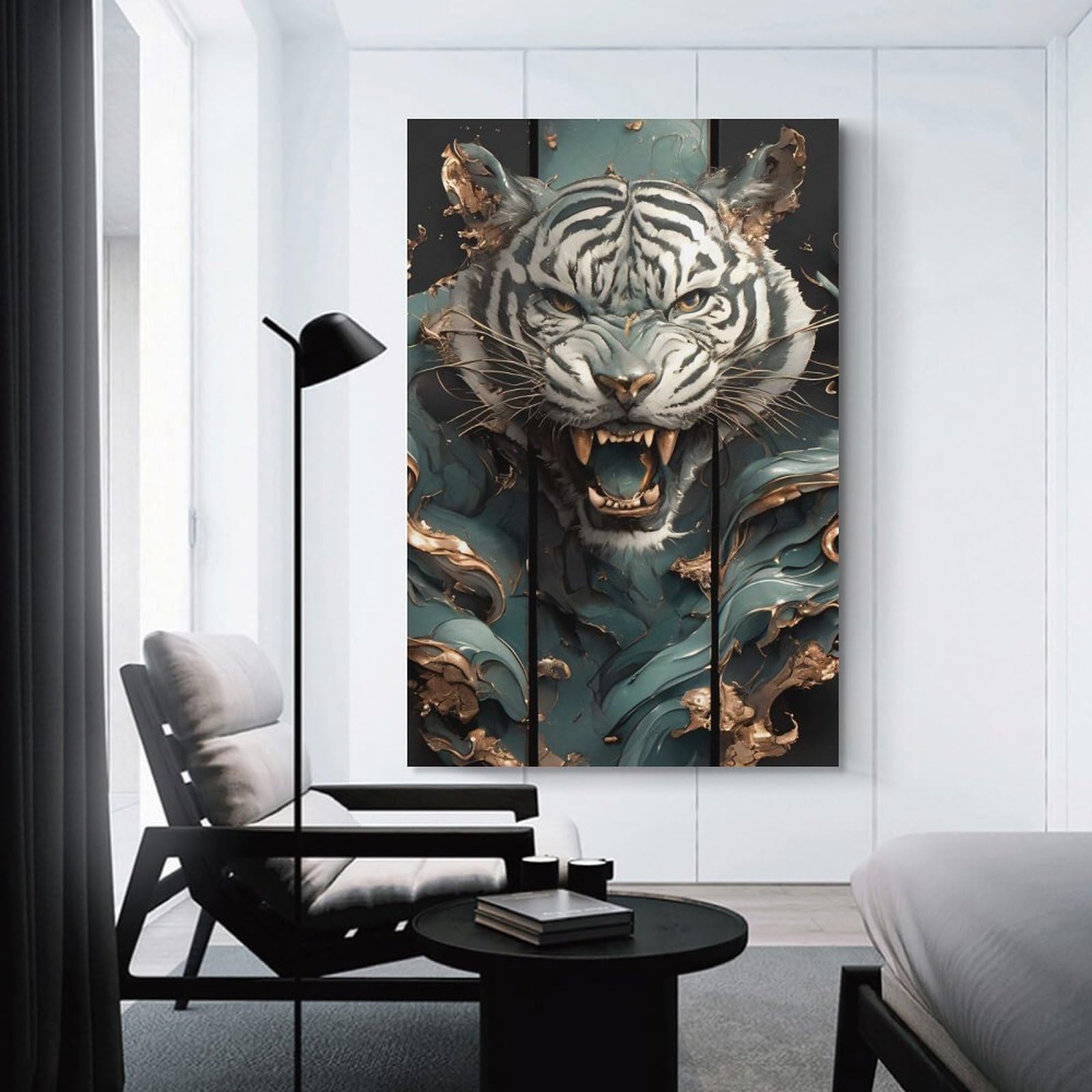 Junmoney Roaring Tiger Teal And Gold Art Decorative Canvas Print 24x36inch(60x90cm), for Study, Office Or Focused Interiors, Wall Art That Adds Style to Work Areas