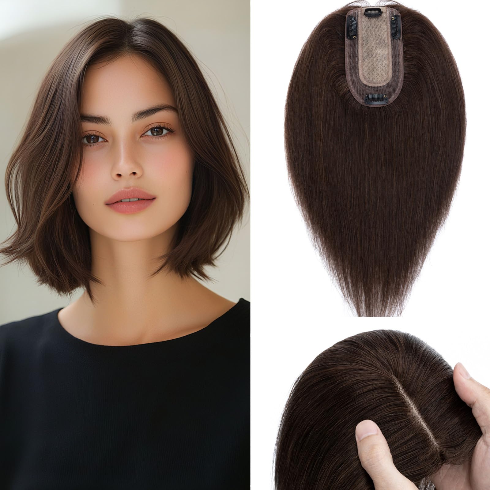 18 Inch Remy Human Hair Topper Hand Tied Clip In Top Piece with Travel Kit 18 inch Brown Topper Toupee Poly Pu Wigs Top Pieces Human  main image 3