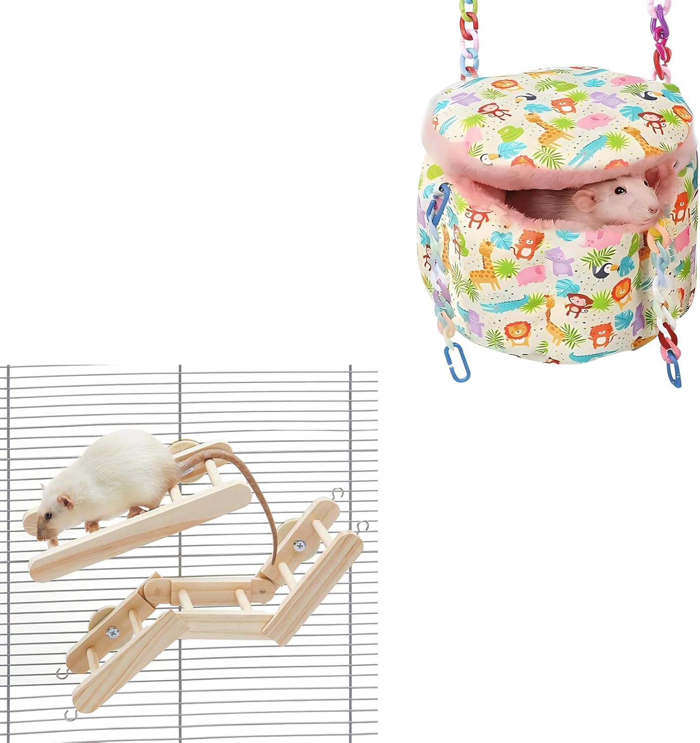 Rat Hanging Bed & Flexible Wooden Climbing Ladder, Sugar Glider Cage Accessories, Guinea Pig Warm Sleeping Nest, Small Animals Hammock for Squirrel, Hamster, Parrot & Pet Rats Enrichment Toy