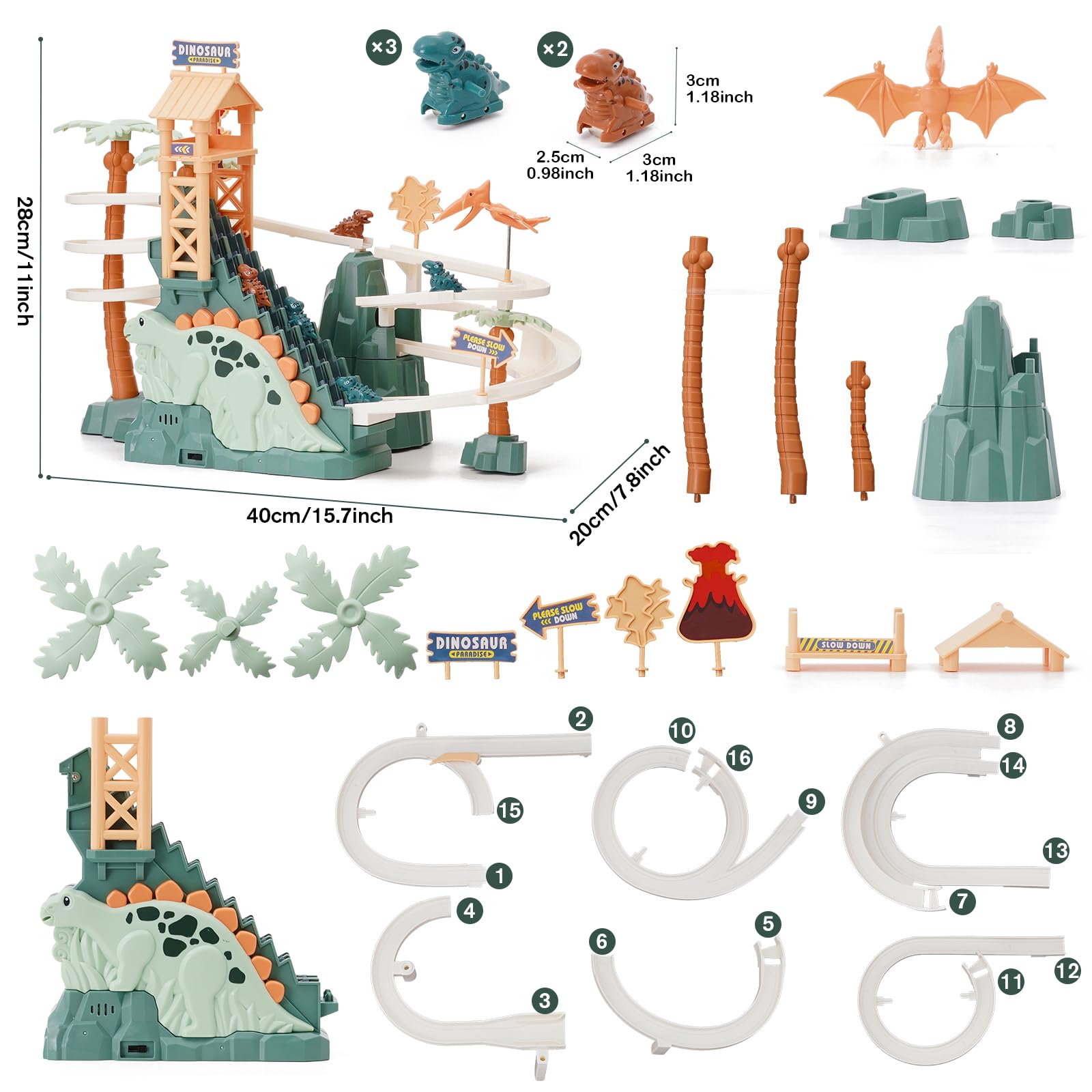 Piste de Course Jouet Dinosaure Escalade Escaliers Jouet Double Boucle Toboggan pour Enfants avec Musique Lumière Intelligence Puzzle Éducatif Playset pour Enfants Garçons Filles