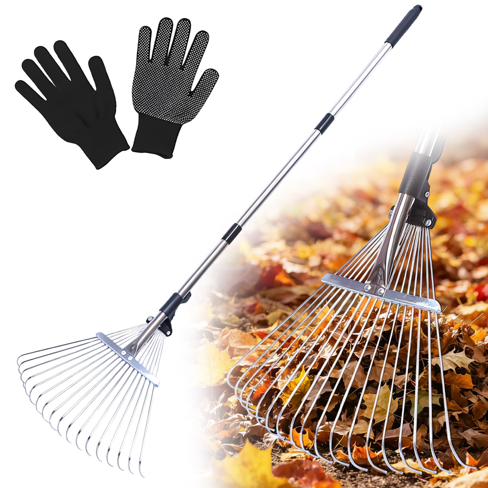 Rastrello Da Giardino Con Manico Regolabile Da 207Cm,18 Denti Rastrello Foglie Con Guanti,Rastrello Giardino,Rastrello Regolabile Con Manico,Scopa Da Giardino Per Foglie Per Giardinaggio,Prato,Cortile