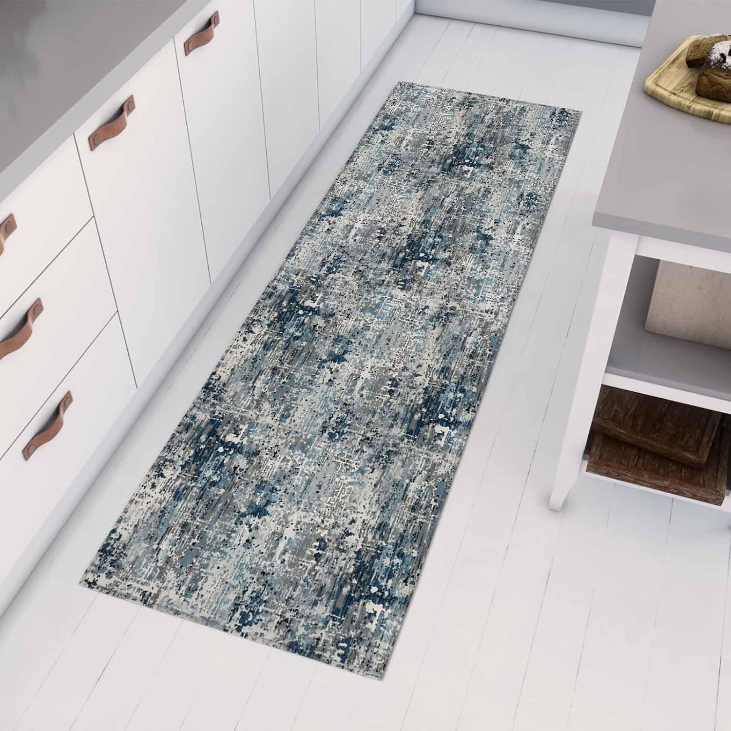Teamery Kitchen Mats for Floor Gradient Grey Navy Blue Washable Non Slip Kitchen Rugs 1PCS, Abstract Mottled Vintage Absorbent Standing Mats for Sink Bathroom Office Living Room 23.6x70.9in