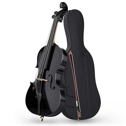 Full Size Cello Kit, Acoustic Cello Instrument for Adults,Beginners,Students,Complete Cello 4/4 Set with Portable Bag, Bow, Rosin (Black)