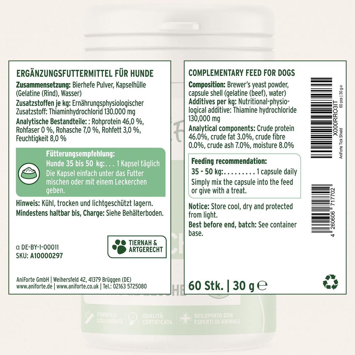 AniForte protezione zecche per cani 35-50 kg, 60 capsule – scudo naturale contro zecche e parassiti, protezione antiparassitaria, antiparassitario e repellente zecche