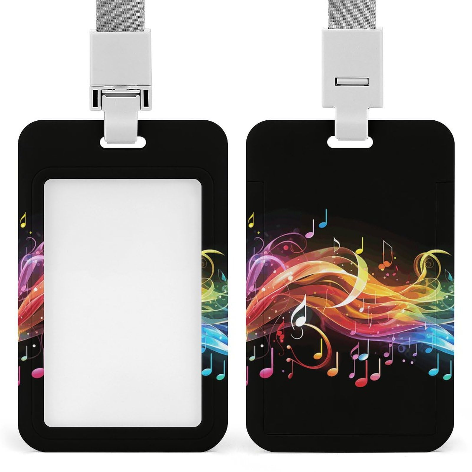 ID Card Holders for Lanyard,Rainbow Musical Note Melody Printed Badge Holder with Clear Window,Plastic Vertical Bus Pass Holders for Work Teacher Nurse Employees Proximity Key Cards Women Men — image 1
