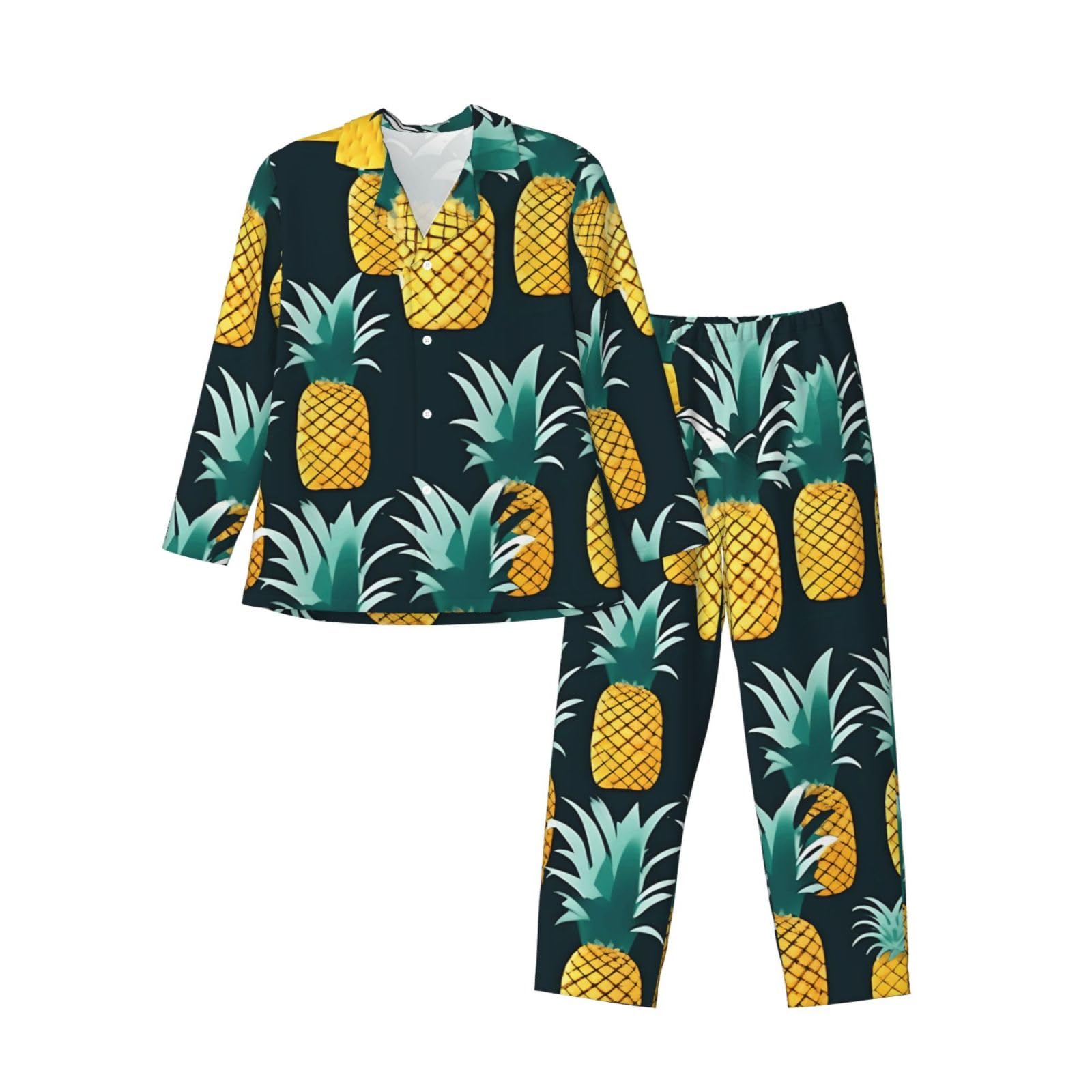 Herren-Pyjama-Set mit Ananas-Druck, langärmelig, zweiteilig, Hauskleidung, bequeme Nachtwäsche